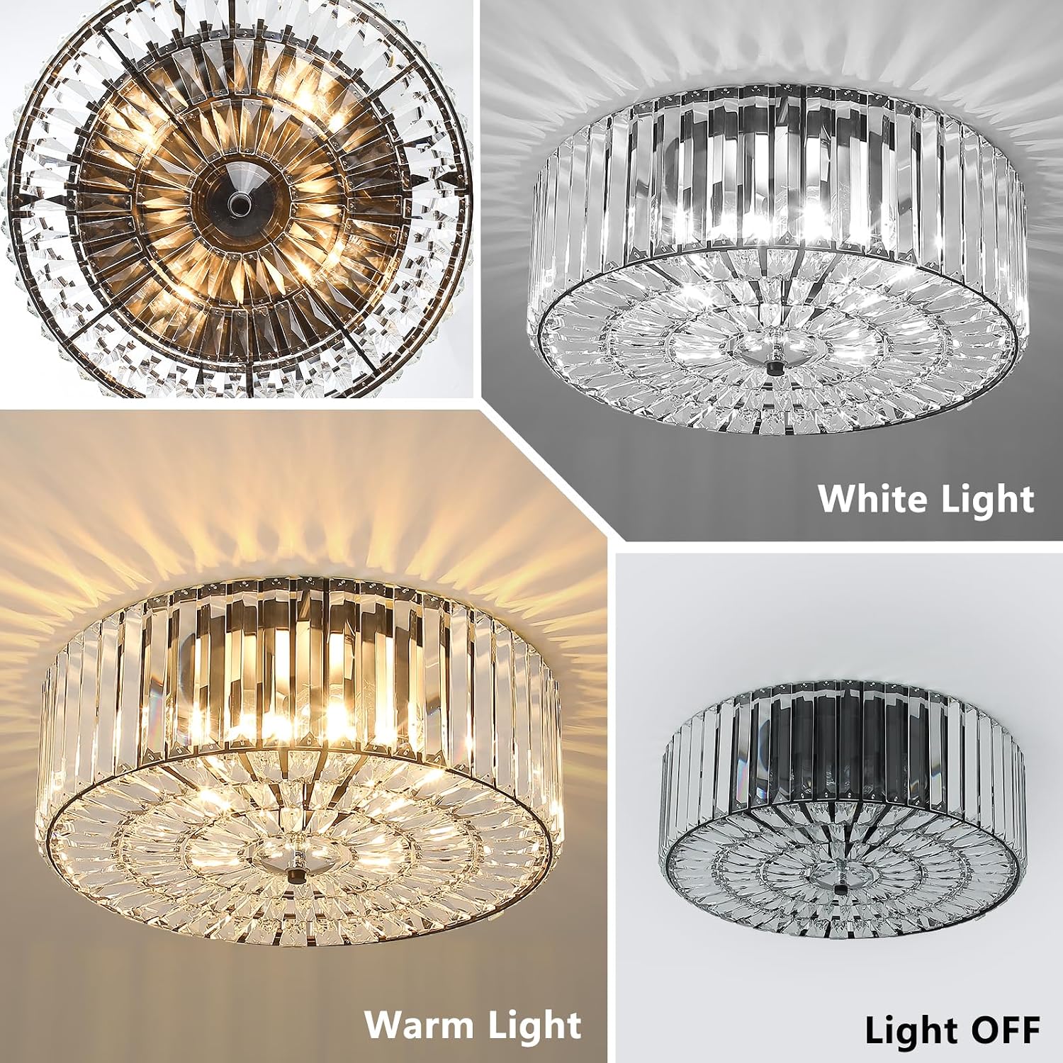 Large Crystal Ceiling Light, 17.5' Black K9 Crystal Flush Mount Ceiling Light, 4-Light Round Luxury Light Fixture for Dining Room, Bedroom, Hotel, Living Room, XDD007-4-BK