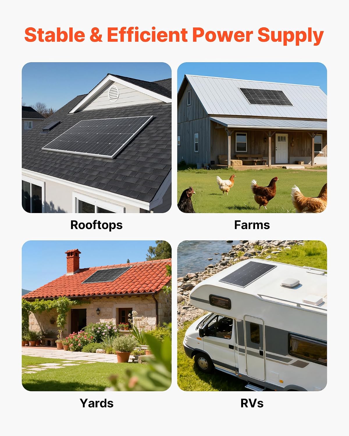VEVOR 4PCS 100W Monocrystalline Solar Panels, 23% High-Efficiency Mono PV Module with Stable MC4 Output & Aluminum Frame, IP65 Waterproof Solar Panel for Car Boat RV Flat Rooftop Off-Grid Applications