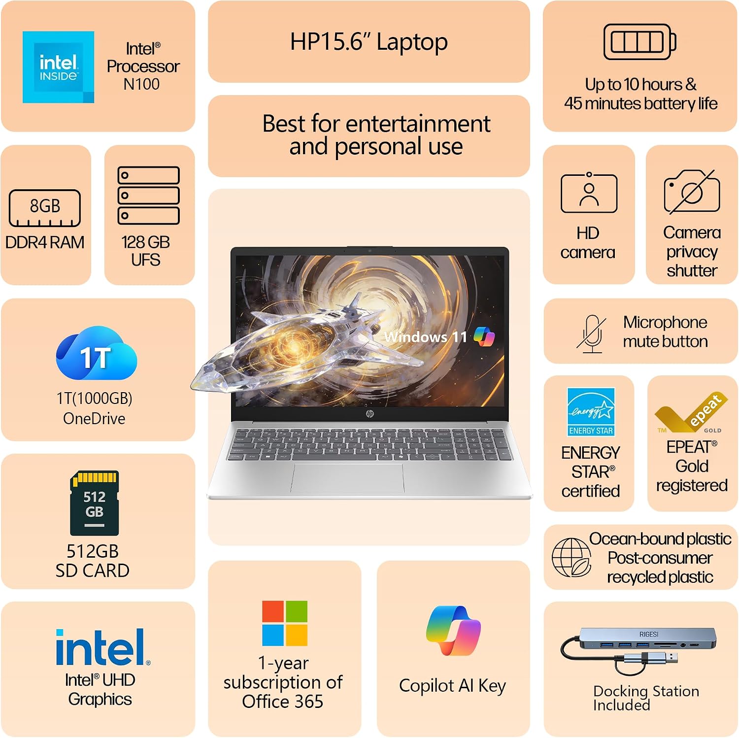 HP 15.6' Laptop – Complete Productivity Solution, Windows 11 with Microsoft Office, Intel 4 Core N100, 8GB RAM, 128GB UFS, 512GB SD Card, Copilot AI, Lightweight – Silver