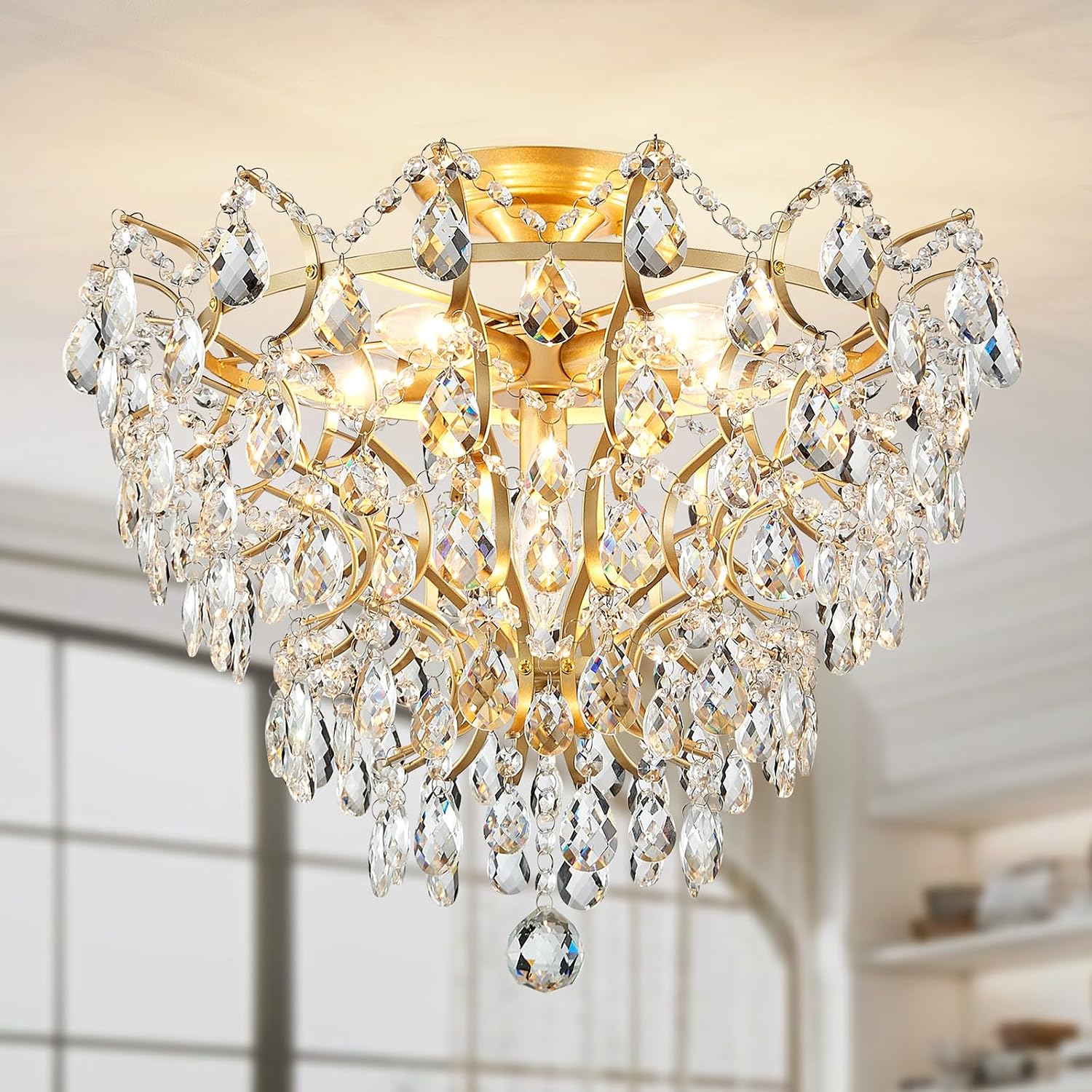WUZUPS 6-Light Crystal Chandelier Ceiling Light Modern Lighting Fixture for Bedroom Hallway Bar Kitchen Bathroom, H 15.6' W 20.1', E12 Base, Gold