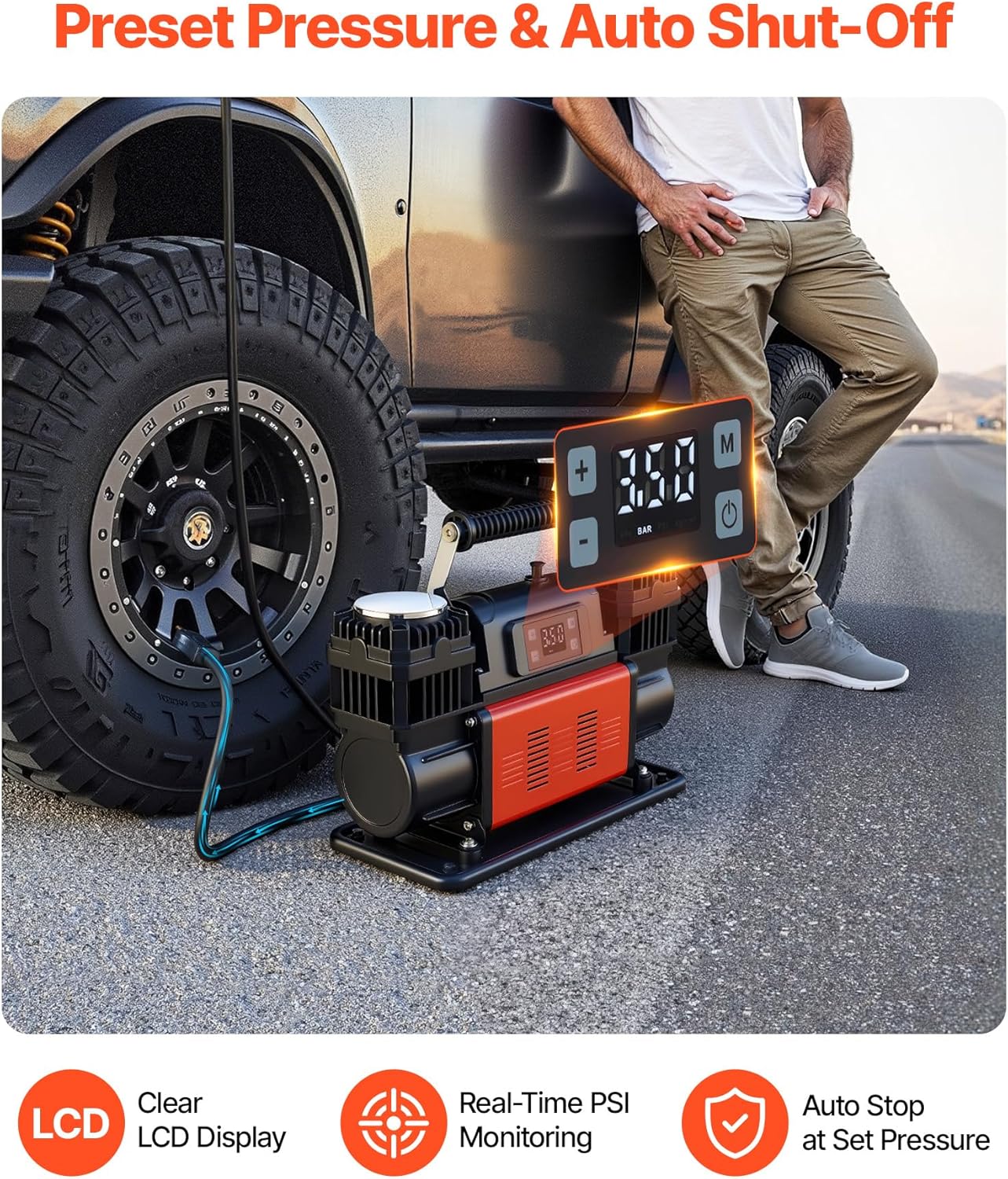 VEVOR Dual-Cylinder Heavy Duty Air Compressor, 10.6CFM Auto-Stop Portable Tire Inflator, 12V 150PSI Offroad Air Pump with LCD Digital Display & Adapters for Truck Car SUV 4 x 4 Vehicle RV