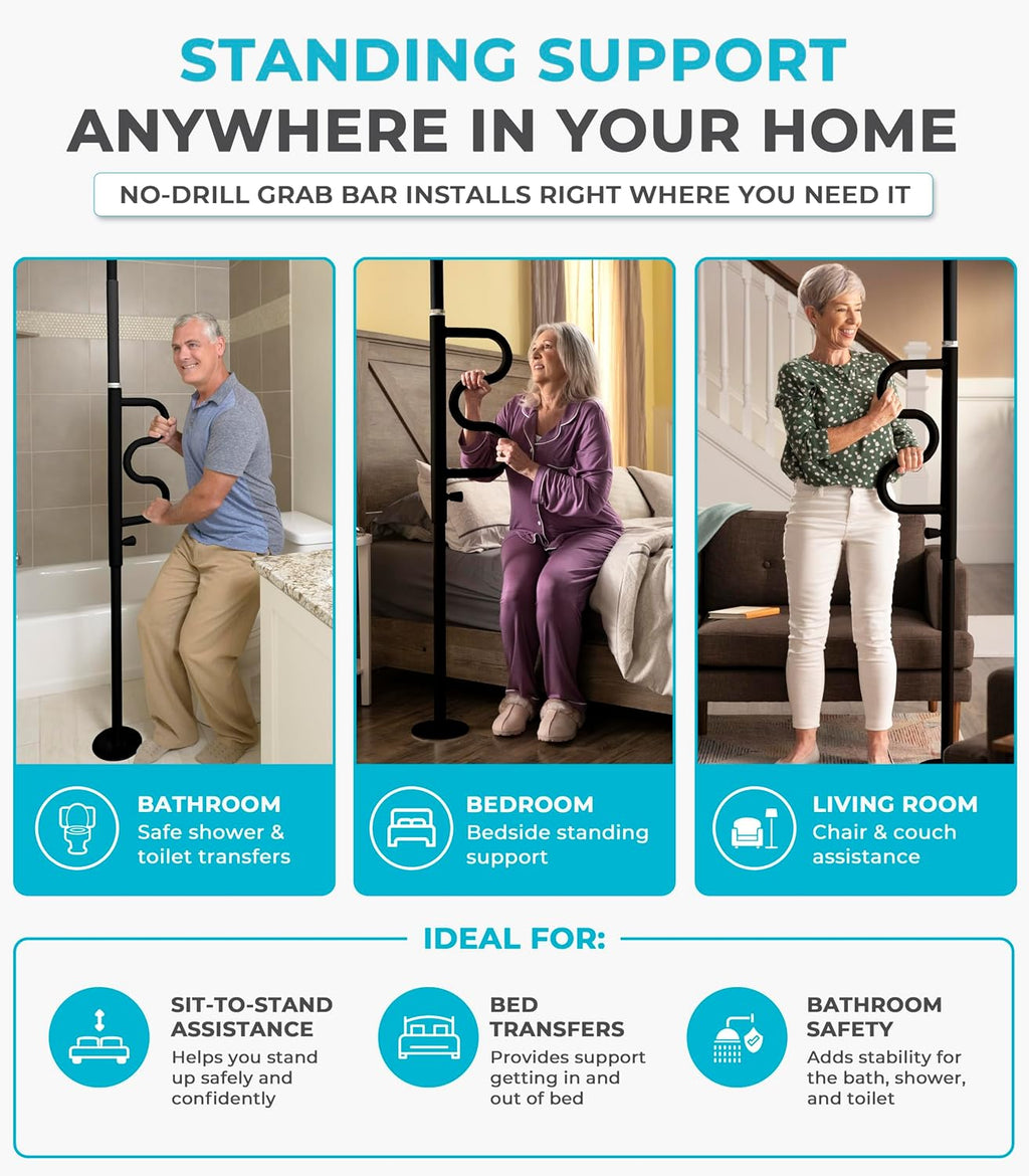 Stander Wonder Pole Plus with Rotating Double Grab Bar, Tension Mounted Security Pole for Seniors & Elderly Adults, No-Drill Floor to Ceiling Transfer Pole for Home & Bath Safety, Black