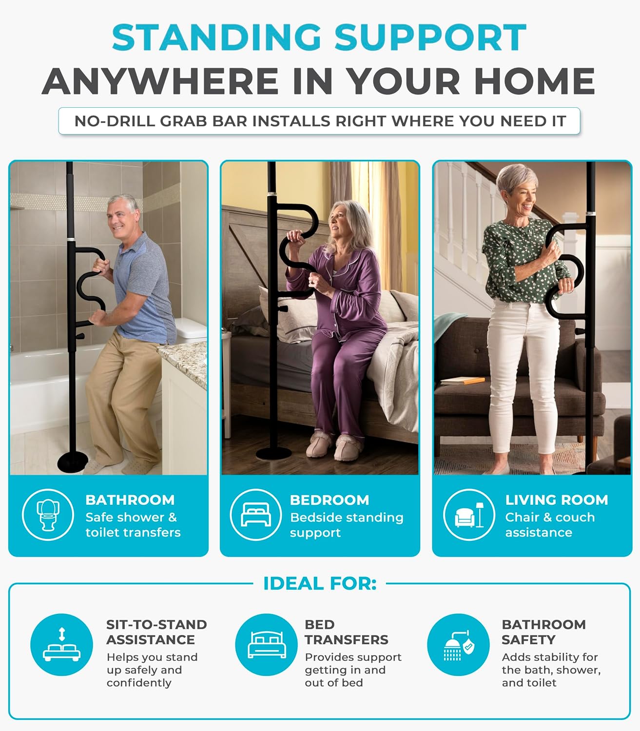 Stander Wonder Pole Plus with Rotating Double Grab Bar, Tension Mounted Security Pole for Seniors & Elderly Adults, No-Drill Floor to Ceiling Transfer Pole for Home & Bath Safety, Black