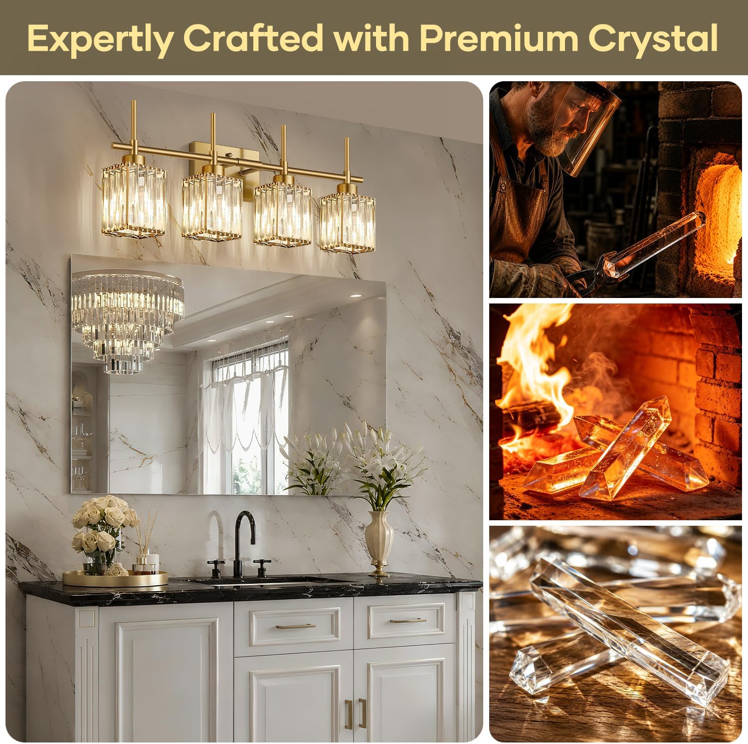 Torondo Modern Crystal Bathroom Vanity Light 4-Lights Brushed Gold Bathroom Light Fixtures Over Mirror Brushed Gold Vanity Lighting Fixtures Square Shade Brass Wall Sconce (Bulbs Not Include)