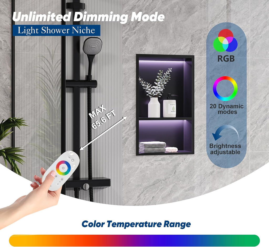 2-Tiers 12x18Inch Wall Niche with RGB LED Light Strips, Matte Black Shower Niche Cabinet, Stainless Steel Bathroom Shelf, NO Tile Needed Recessed Storage Organizer