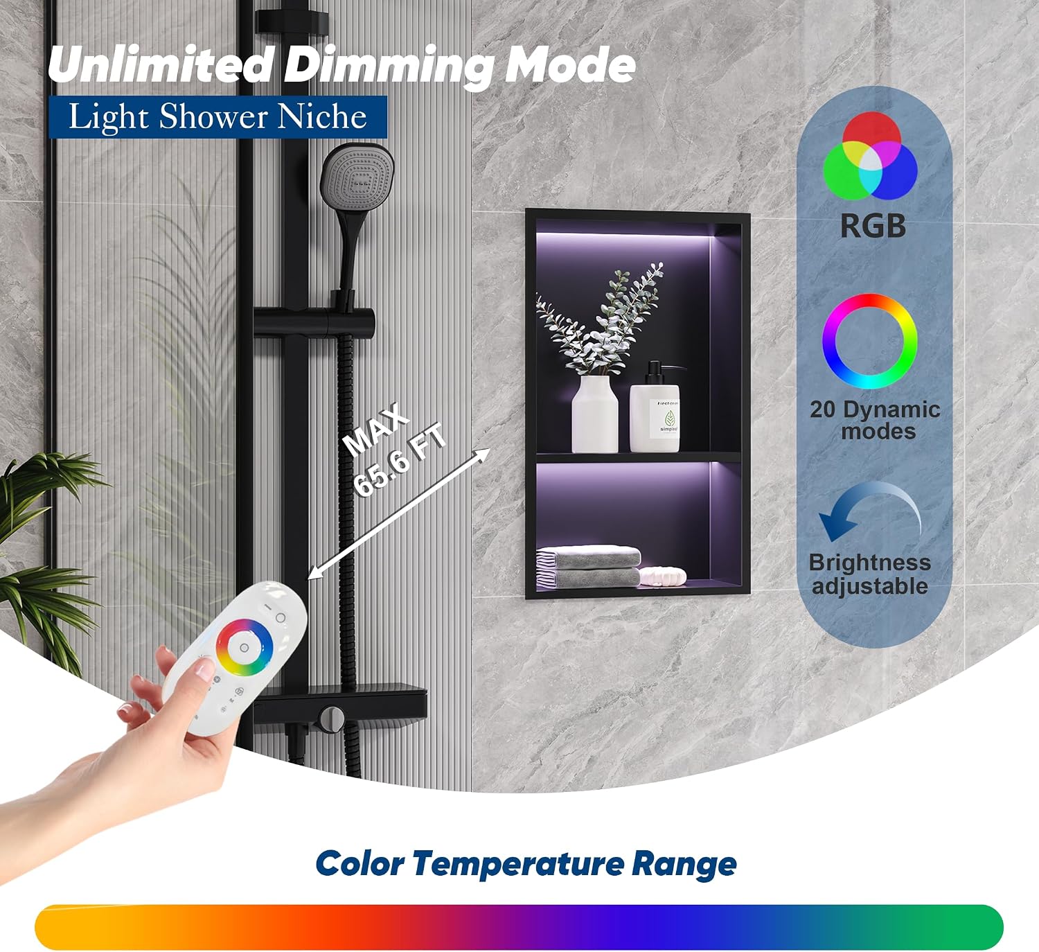2-Tiers 12x18Inch Wall Niche with RGB LED Light Strips, Matte Black Shower Niche Cabinet, Stainless Steel Bathroom Shelf, NO Tile Needed Recessed Storage Organizer