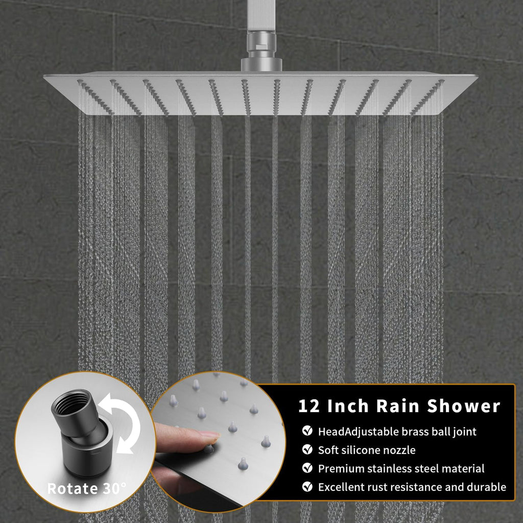 Brushed Nickel Tub Shower Faucet Set AYIVG Ceiling Mounted Shower System with Tub Spout 12 Inch Rain Shower Head and Handheld Shower Fixtures With Temperature Display Push Botton Shower Diverter Valve