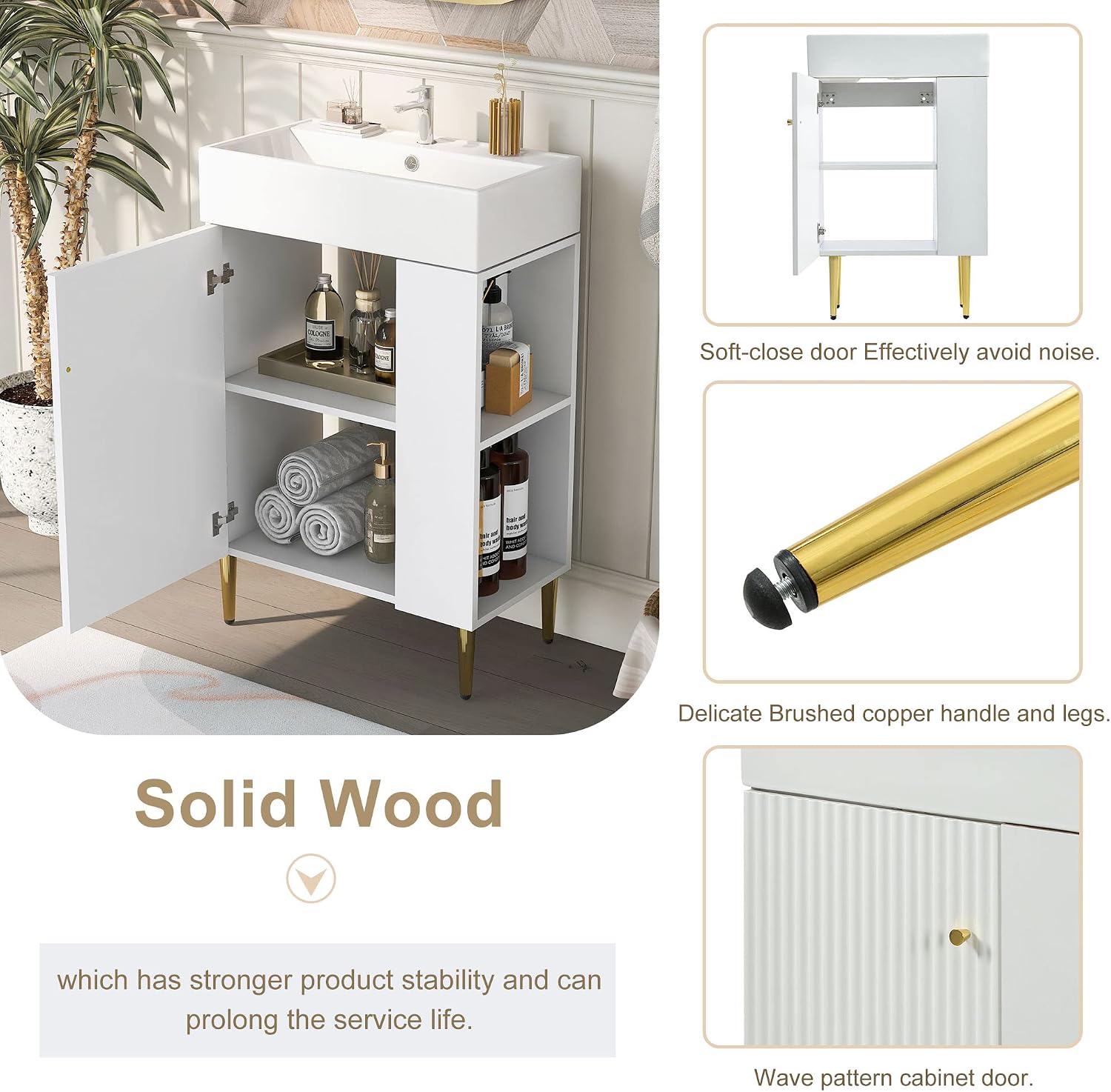 21.6-Inch Bathroom Vanity with Sink, Free Standing Vanity Cabinet with Storage Cabinet & Right Two-Tier Shelf, Wood Bath Organizer with Ceramic Sink for Bathroom, White