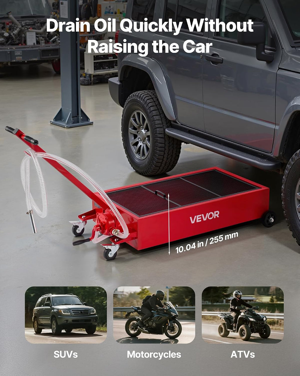 VEVOR Low Profile Oil Drain Pan, 20 Gallon Capacity, Rolling Oil Drain Pan with Manual Pump, 7.2 ft Hose & T Folding Handle, Leak-Proof & Corrosion-Resistant, Fit for Cars, SUVs, Trucks, ATVs, Red