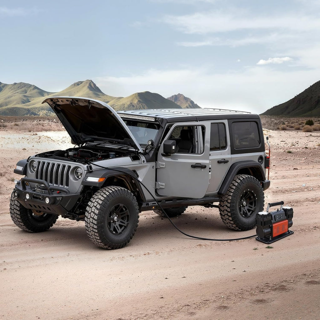 VEVOR Dual-Cylinder Heavy Duty Air Compressor, 10.6CFM Auto-Stop Portable Tire Inflator, 12V 150PSI Offroad Air Pump with LCD Digital Display & Adapters for Truck Car SUV 4 x 4 Vehicle RV