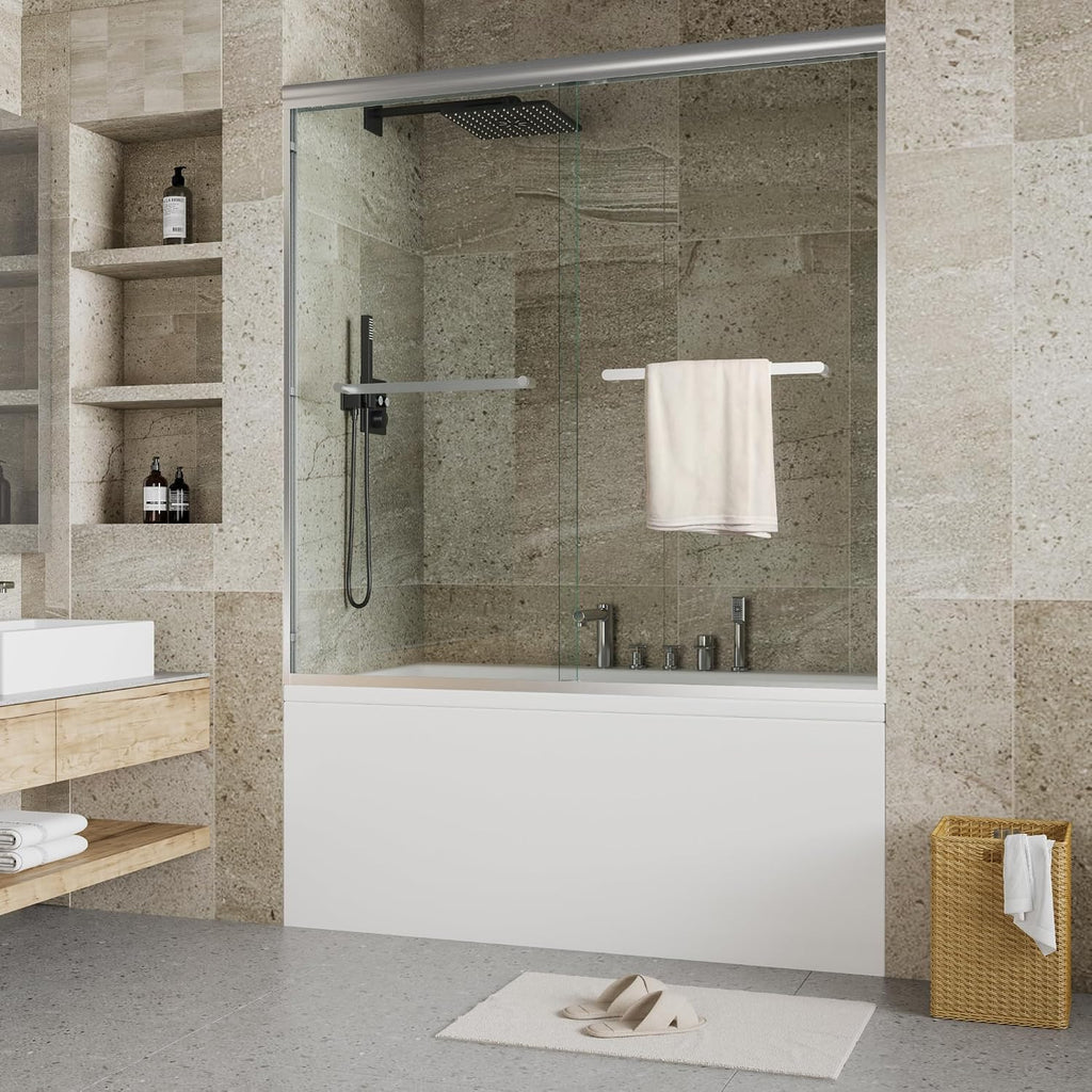 Sliding Tub Shower Door 56–60 × 59 Inch, Double Sliding Bathtub Shower Door with 6mm Tempered Glass, Brushed Finish Aluminum Frame, Easy Clean Glass Tub Door for Bathroom