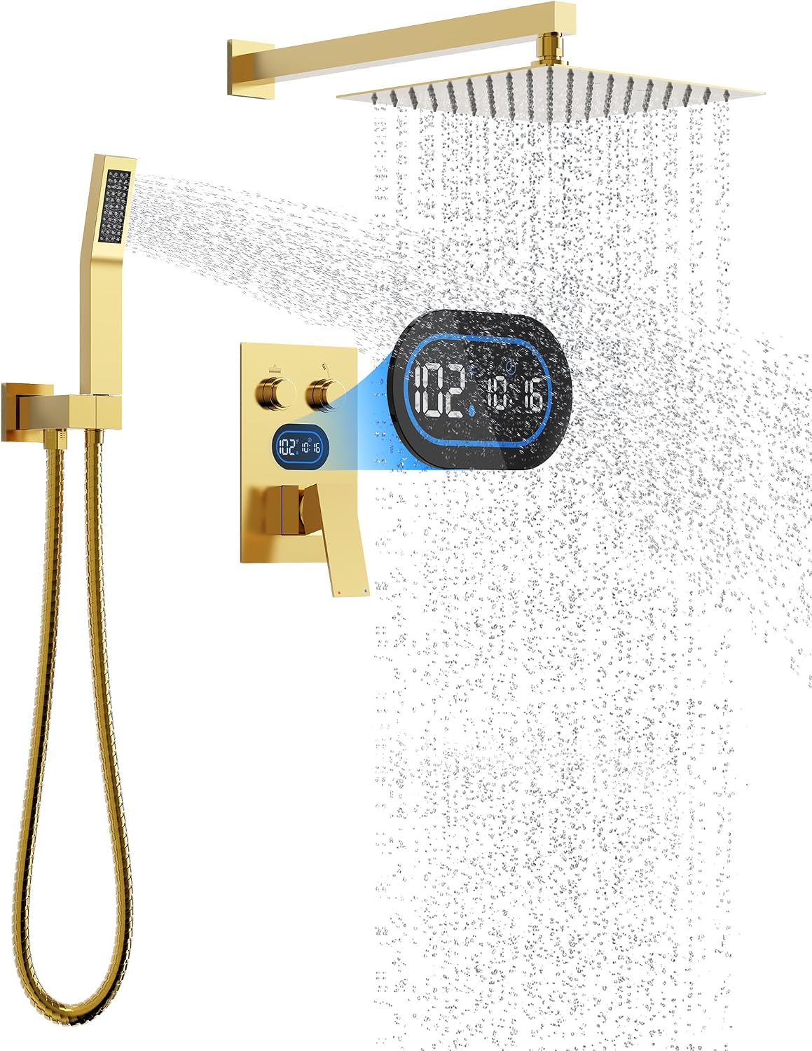 Push Button Diverter Shower Faucet Set Hydro Power Temperature Display, Shower System 10 Inch Shower Head with Handheld Spray, Wall Mounted Shower Fixtures with Valve and Trim Kit, Brushed Gold