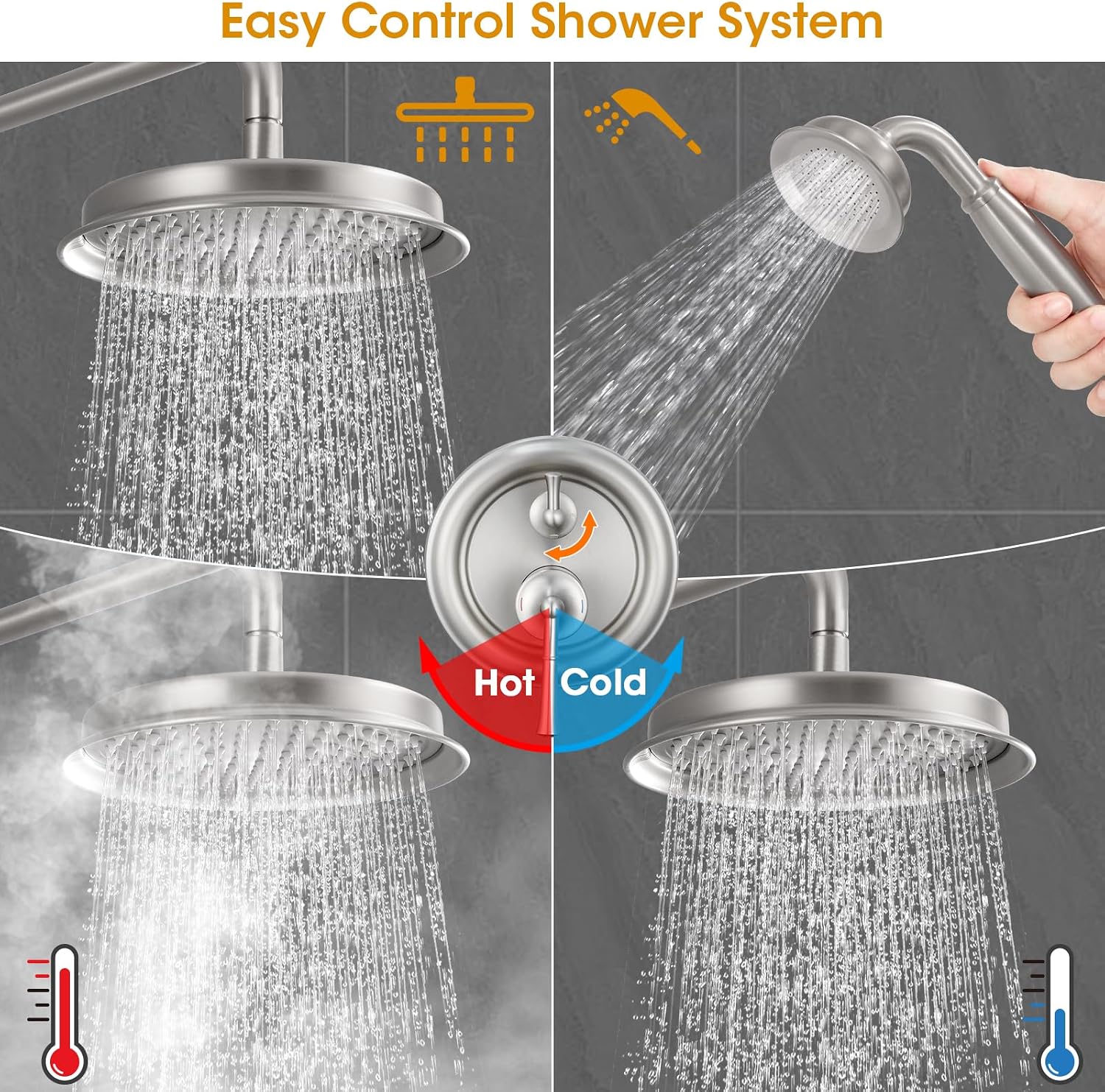 Antique Shower Head with Handheld Spray Combo, Brushed Nickel Rain Shower System with Rough-in Balance Pressure Valve, 9 inch Bathroom Luxury Rain Fall Shower Head Wall Mount Round, (B2312-BN)