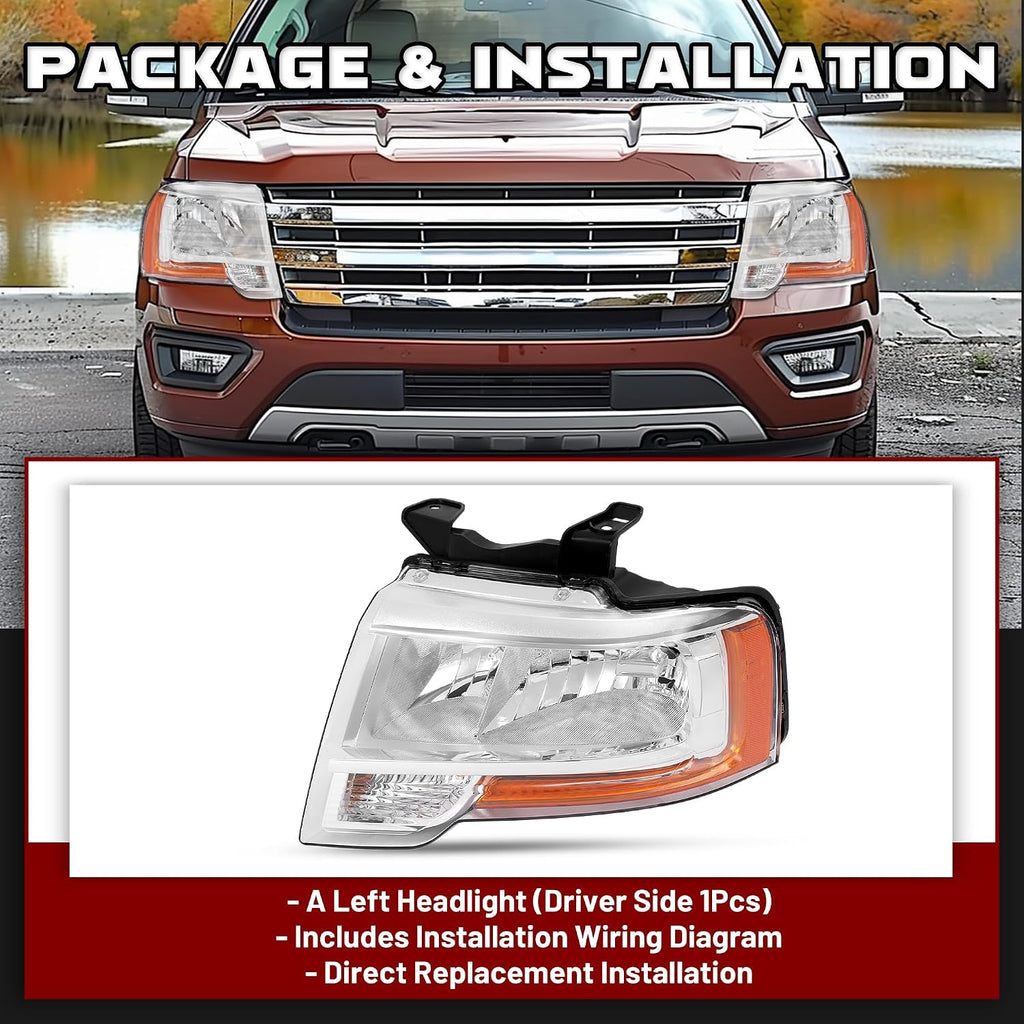 HECASA Left Headlight w/LED Indicator Compatible with 2015 2016 2017 Ford Expedition Replacement for FO2502346 Headlamp Front Light Lamp w/Bulb Driver Side Clear Lens & Chrome Housing