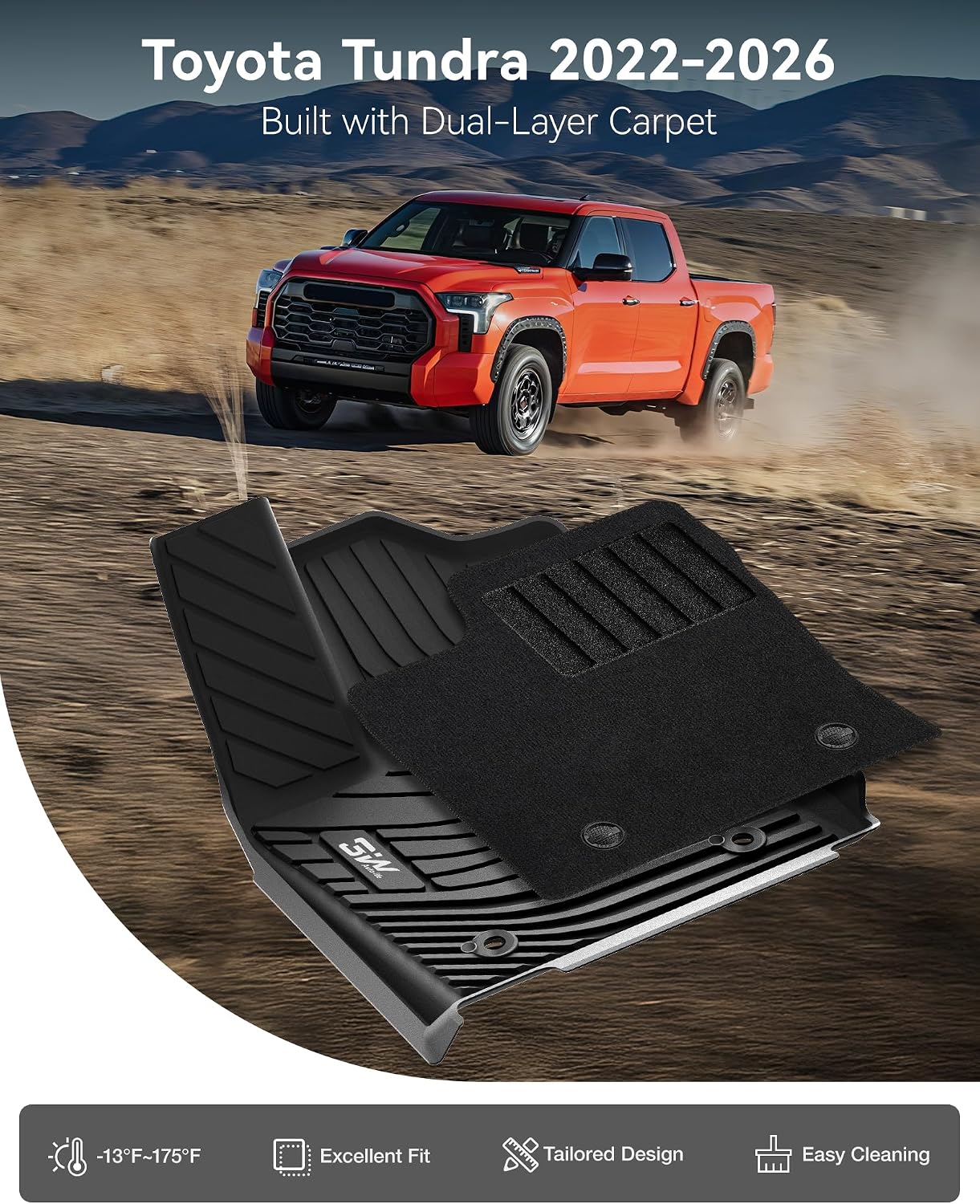 3W Floor Mats & Front Carpets Fit 2022-2026 Toyota Tundra (Only for CrewMax Cab), SR/SR5/TRD PRO/Limited/Platinum/Castone Custom Fit All-Weather TPE Front & Rear Row Floor Liner Black