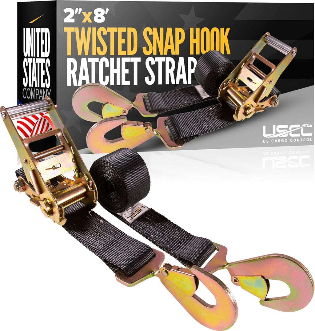 US Cargo Control Twisted Snap Hook Ratchet Straps 2 Inch x 8 Foot (4-Pack), 10,000 LBS Break Strength, Car Tie Down Straps for Trailers, Tie Down Cars, Motorcycles, Race Cars - Low-Profile Ratchet