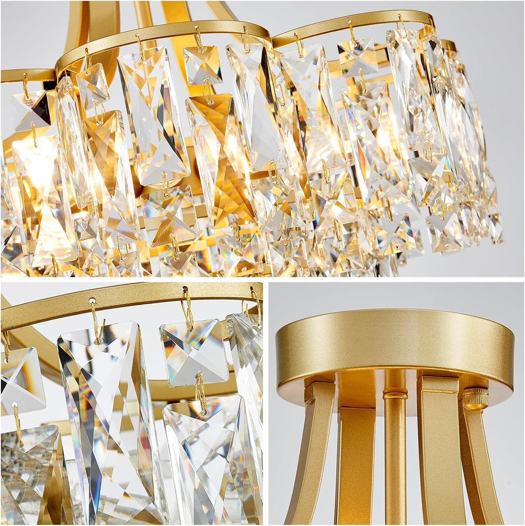 WUZUPS Crystal Chandelier Semi-Flushmount Ceiling Light Modern Lighting Fixture for Bedroom Hallway Entry Kitchen Bathroom, H 19.3' x W 18.3', E12 Base, Gold