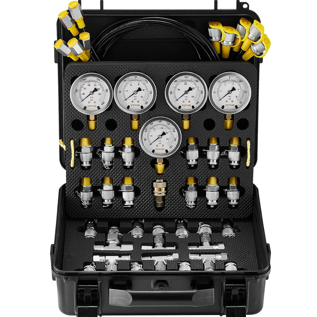 VEVOR Hydraulic Pressure Test Kit, 10/100/250/400/600bar, 5 Gauges 13 Test Couplings 14 Tee Connectors 5 Test Hoses, Hydraulic Gauge Kit with Sturdy Carrying Case, for Excavator Construction Machinery