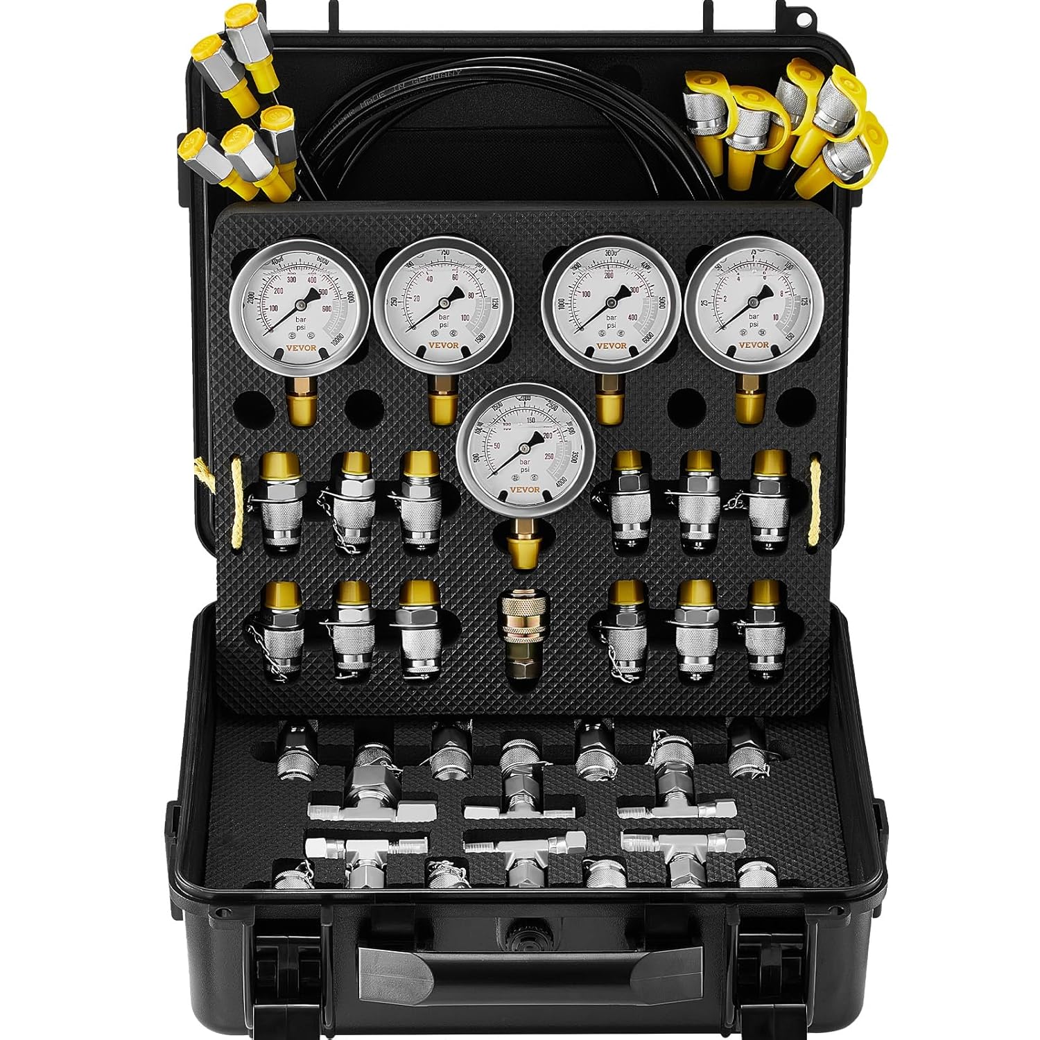 VEVOR Hydraulic Pressure Test Kit, 10/100/250/400/600bar, 5 Gauges 13 Test Couplings 14 Tee Connectors 5 Test Hoses, Hydraulic Gauge Kit with Sturdy Carrying Case, for Excavator Construction Machinery