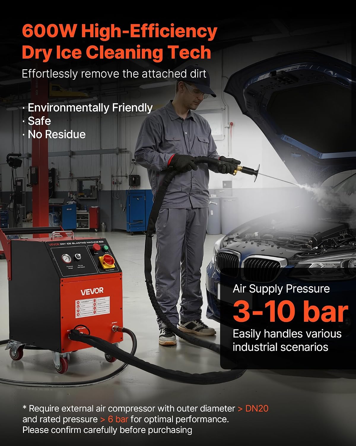 VEVOR Dry Ice Blasting Machine, 11LBS (5KG) Capacity Dry Ice Cleaning Machine with 4 Nozzles, Adjustable Pressure & Dry Ice Amount, Movable Blaster Cleaner for Automotive Ship Aviation Chemical, 120V