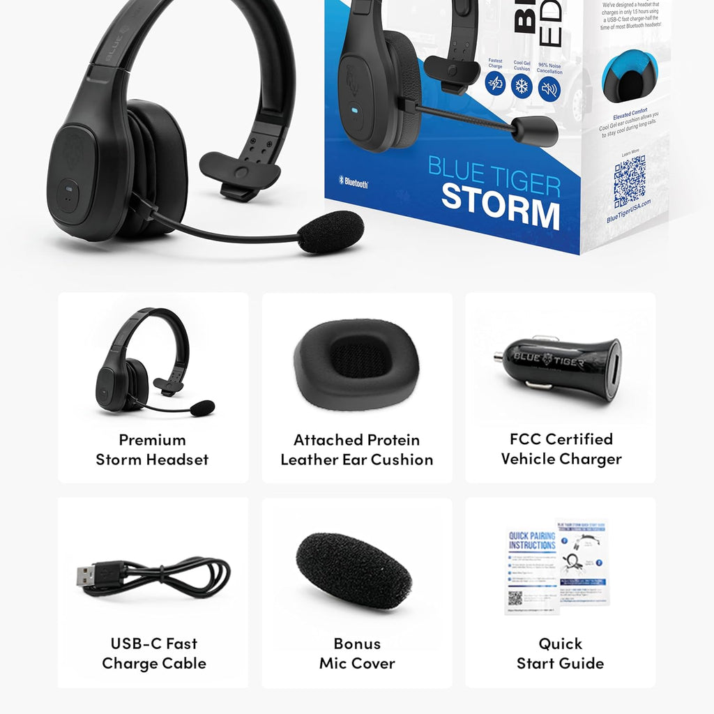 Blue Tiger Storm Black - Premium Trucker Bluetooth Headset - Wireless Noise Canceling Mono Headset with Mic - High-Fidelity Sound, 30-Hour Talk Time, USB-C Charging - for Truck Drivers, Bluetooth 5.0