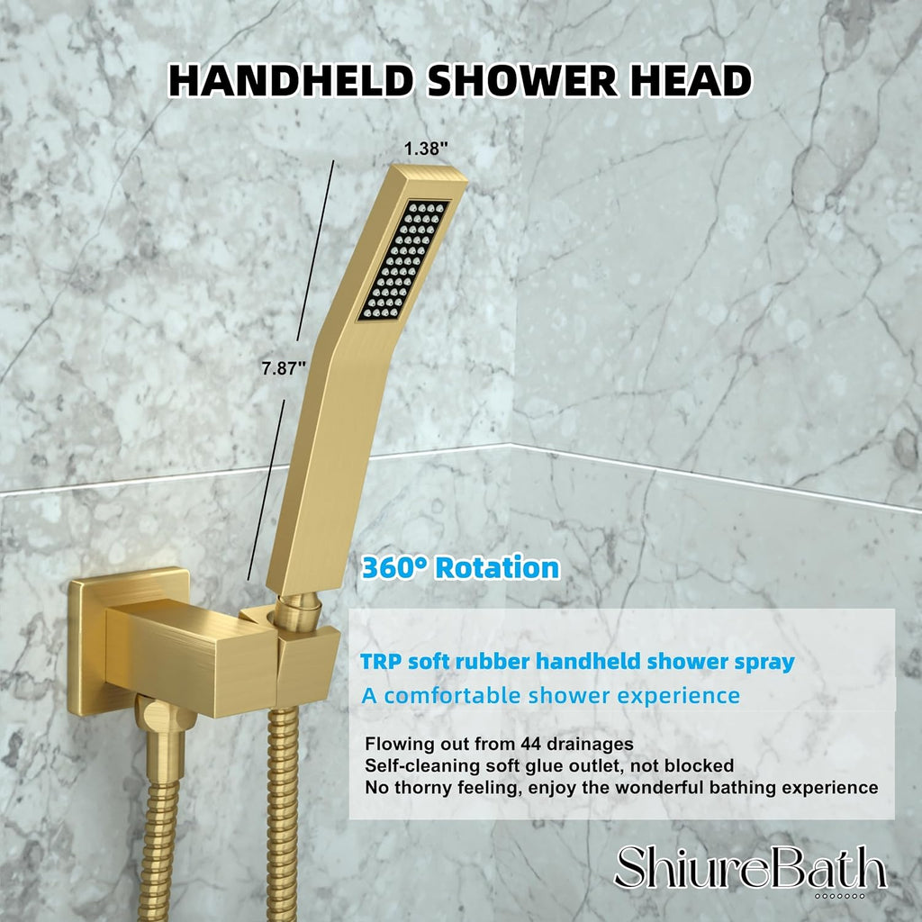 10 Inch Shower Faucet Set, Rainfall Shower System with Square Fixed Shower Head and High Pressure Handheld Shower Head, Spray Wall Mounted Rainfall Shower Fixtures, Brushed Gold