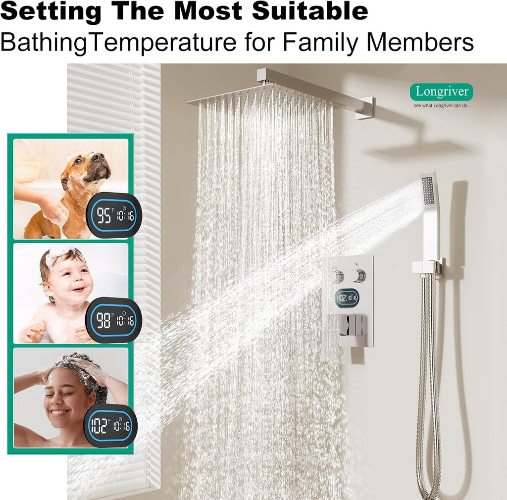 Push Button Diverter Shower Faucet Set Hydro Power Temperature Display, Shower System 10 Inch Shower Head with Handheld Spray, Wall Mounted Shower Fixtures with Valve and Trim Kit, Brushed Nickel