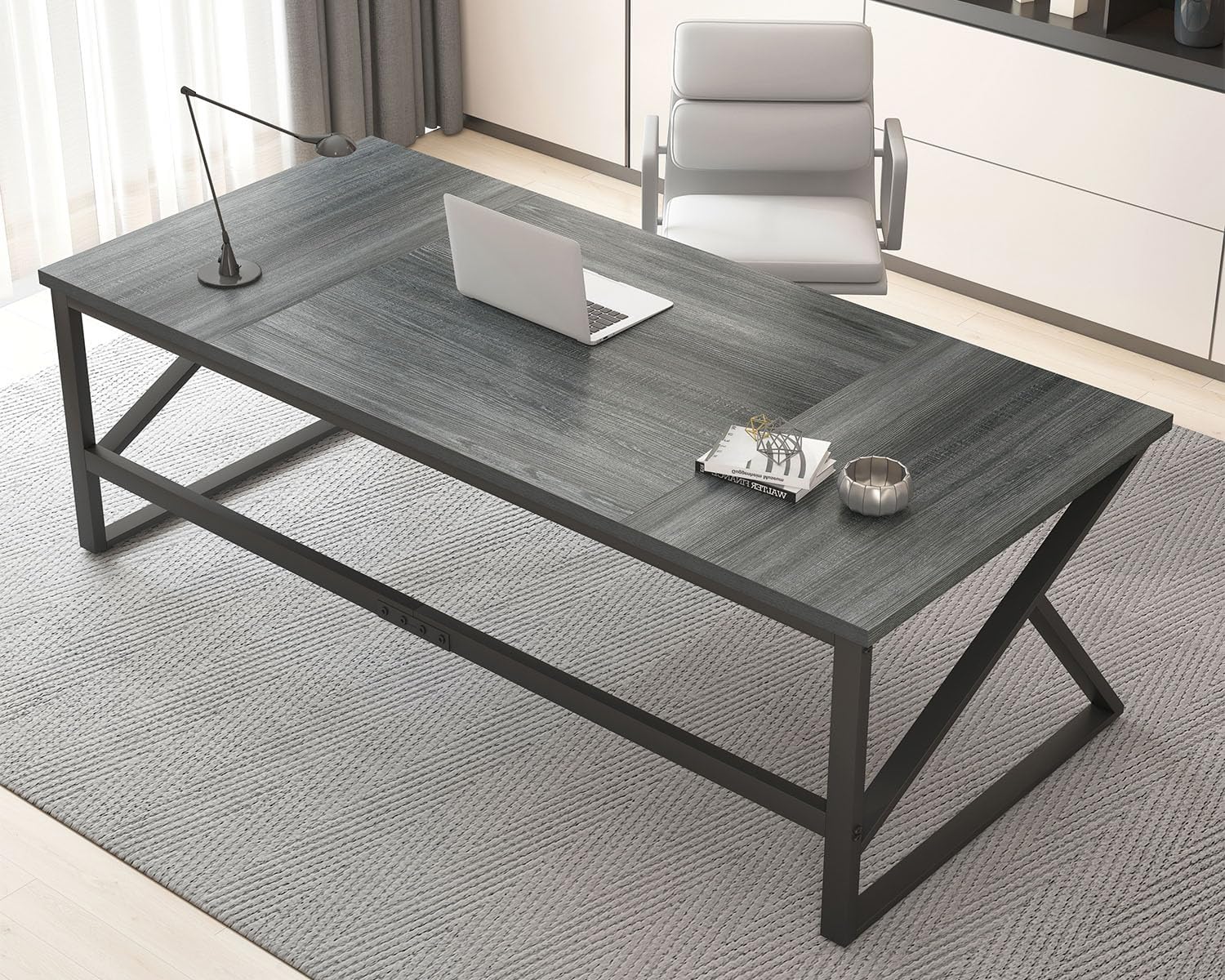 HSH Extra Long Computer Desk, Industrial Metal Wood Home Office Desk, Large PC Laptop Table for 2 Person Executive Writing Work Study Gaming, Bedroom Living Room Dual Monitor Desk, Dark Gray, 70 Inch