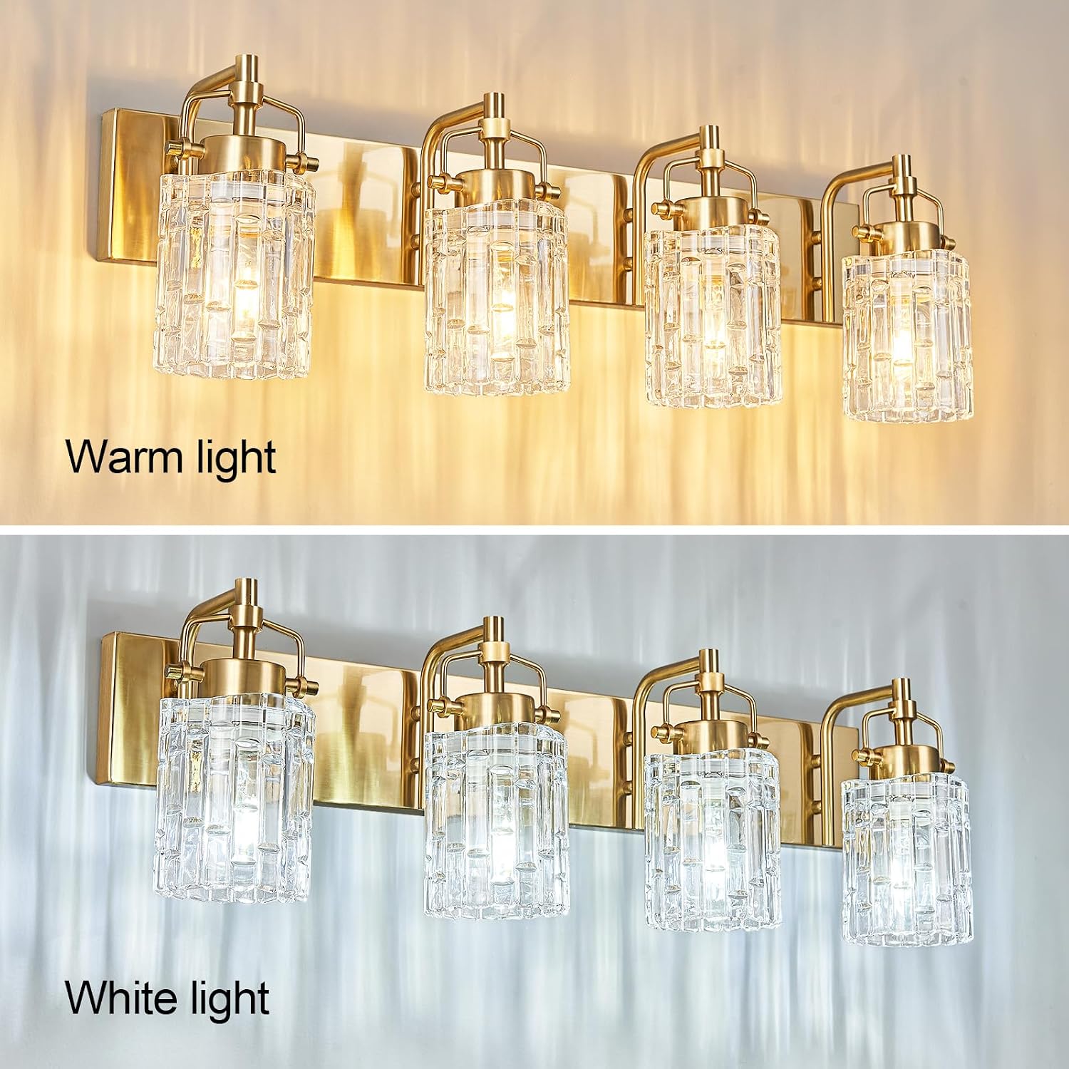 4 Light Crystal Glass Vanity Light, Gold Bathroom Lighting Fixtures Over Mirror Modern Bath Wall Sconce Lighting for Bedroom Living Room