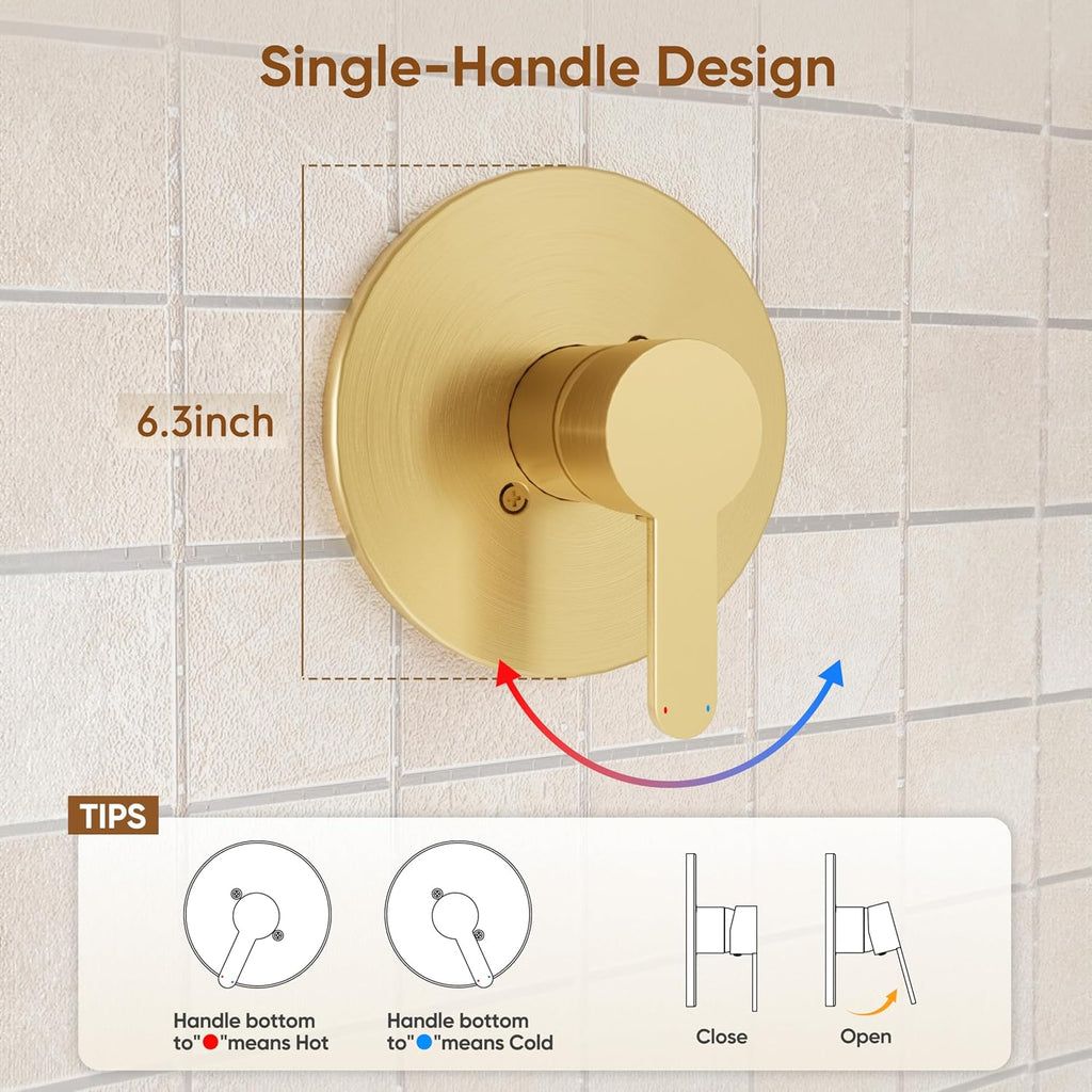 Tub Shower Faucet, Gold Shower Faucet Set with 6-Inch All-Metal Rainfall Showerhead and Bathtub Spout, Single-Handle Tub Shower-Trim Kit Included Valve, Brushed Gold