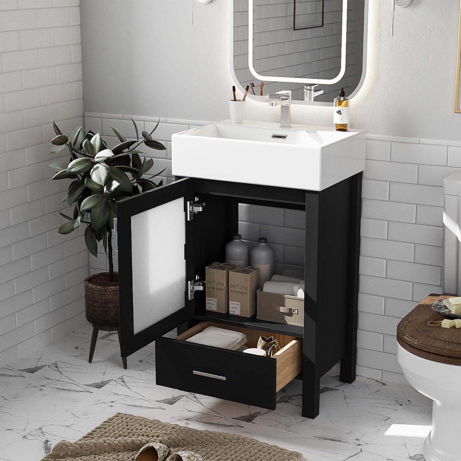 20-inch Bathroom Vanity with Sink Combo Set, Free Standing Single Storage Cabinet with Soft Closing Doors & One Drawer, Solid Wood Vanity Organizer with Ceramic Basin for Bathroom, Black