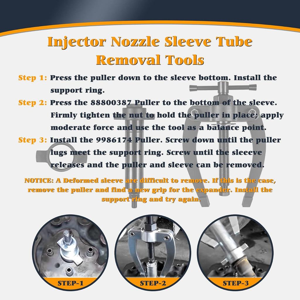 Injector Sleeve Cup Nozzle Tube Remover and Installer Tool Kit Compatible with Volvo D11 D13 D16 FM12 Truck MP7 MP8 MP10 Engines Alternative to OEM 9986174 88800387 88800196