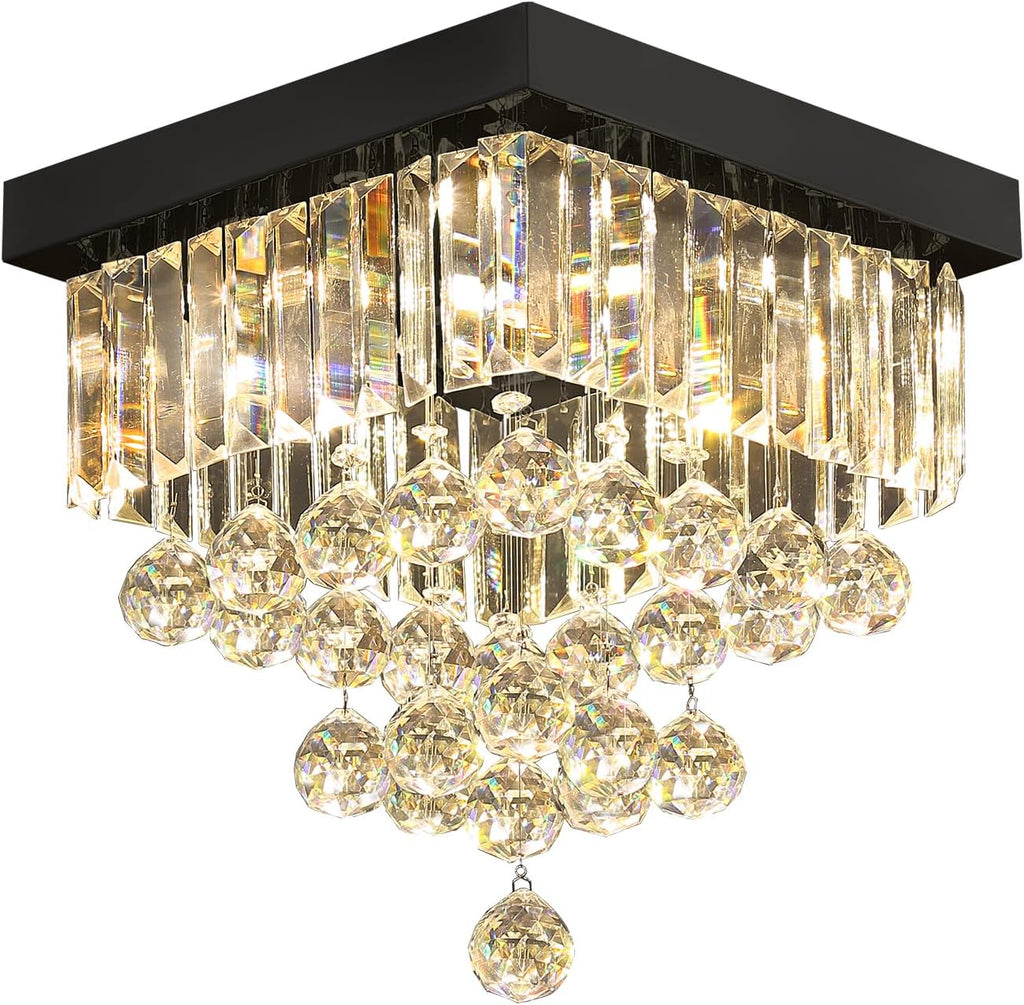 Modern Black Square Crystal Flush Mount Ceiling Light 12' 4 Lights K9 Crystal Chandelier Lighting Fixture for Bedroom Dining Room Kitchen Hallway Entryway Closet Small Living Room