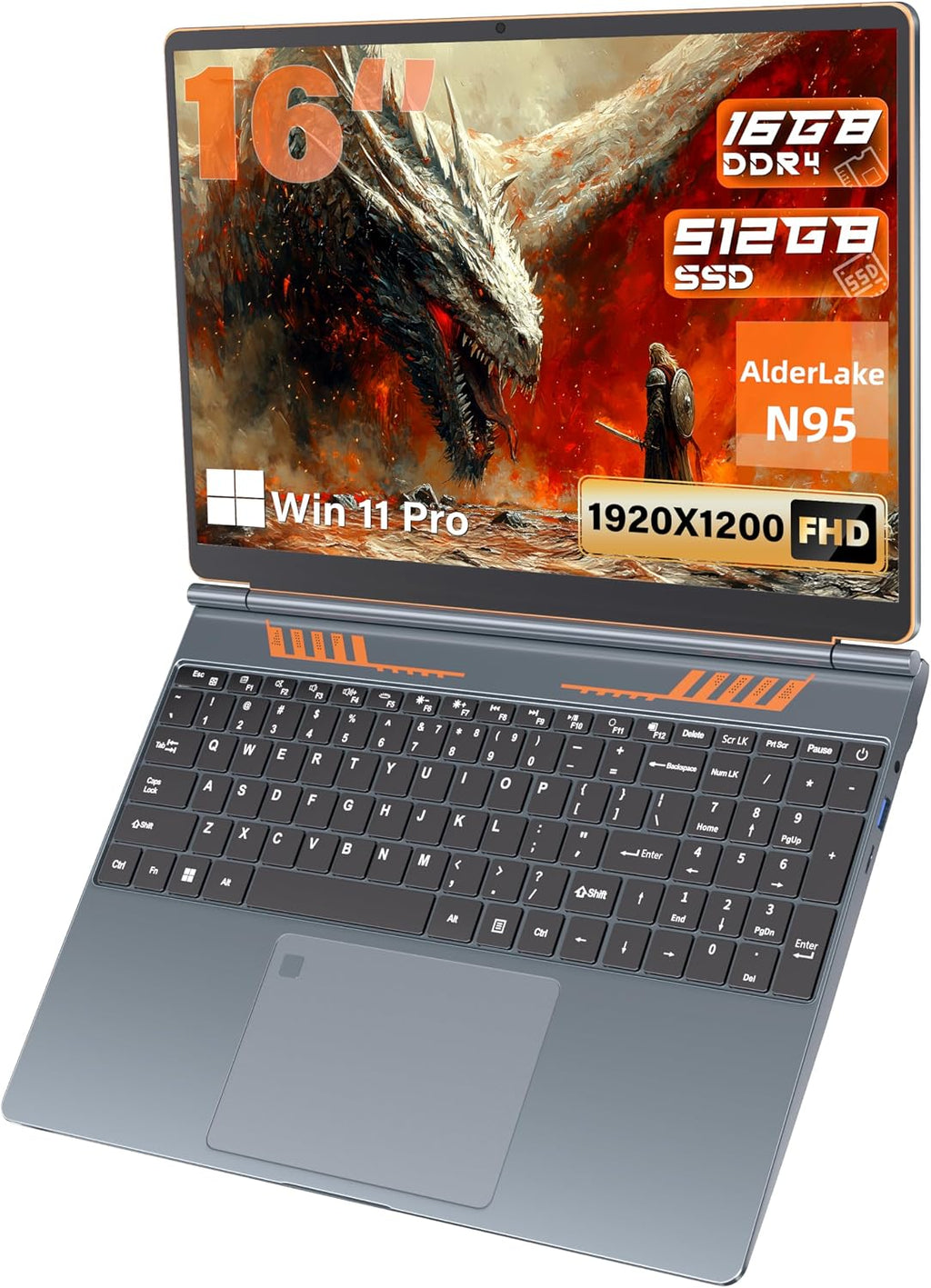 16 Inch Business Laptop Computer for Students & Professionals,4-Core Processor, 16:10 FHD IPS Display, 16GB RAM 512GB SSD, Backlit Keyboard, Fingerprint, Win 11 Pro, Gray with Orange Accents