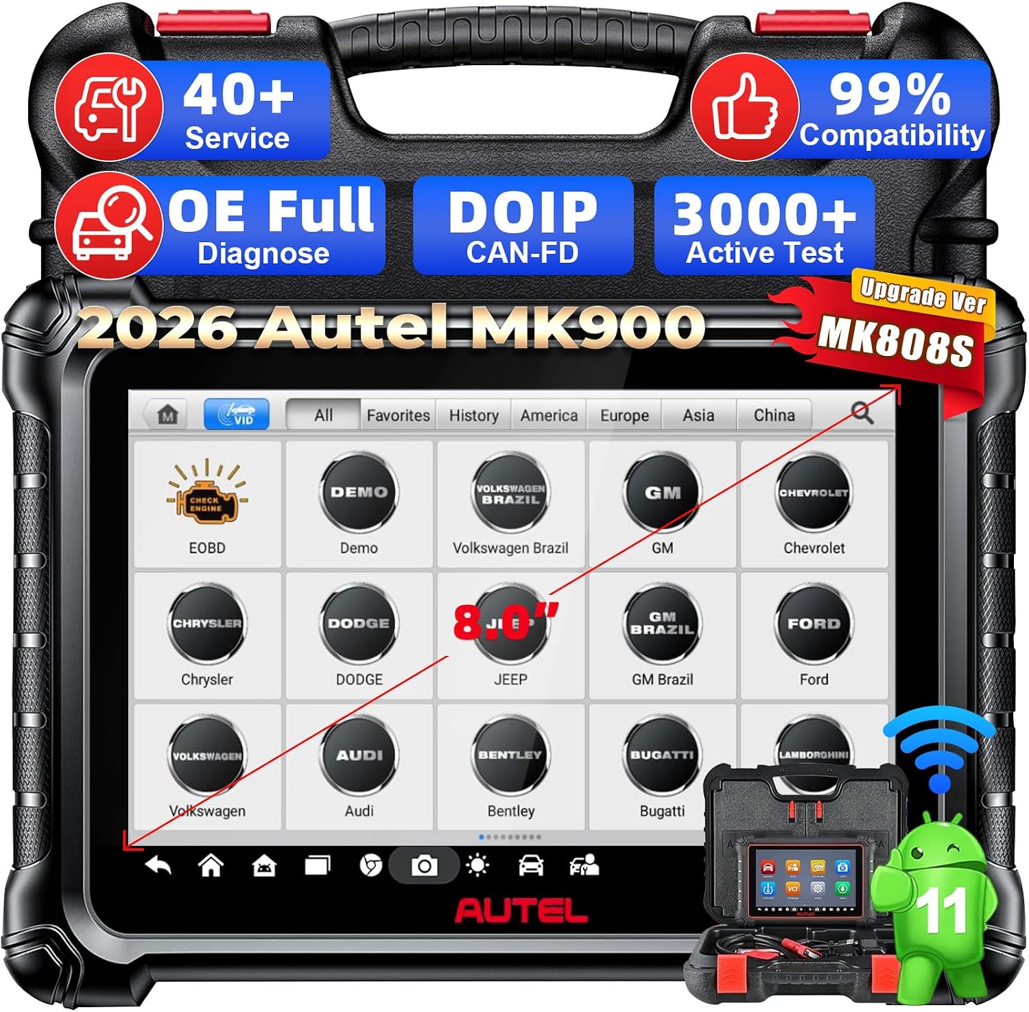 Autel Scanner MaxiCOM MK900, OE All-System OBD2 Scanner & Bidirectional Tool, 8in Up of MK808S MK808BT MX808S MK808Z, 3000+ Active Tests, 40+ Service, CAN-FD&DOIP, Smart Auto VI-N, FCA Auto Auth 11OS