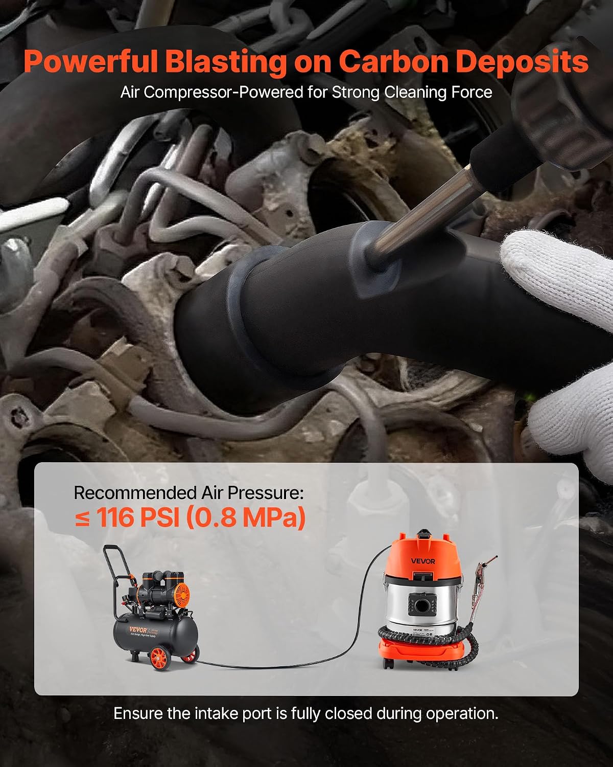 VEVOR Walnut Blaster Kit for Carbon Cleaning, 1200W Sand Blaster with Built-in Vacuum, Extension Nozzle Sandblaster Gun, and 5.5lbs Walnut Shell for Engine Intake Valve Cleaning - 13L | Large Capacity & High-Efficiency Cleaning