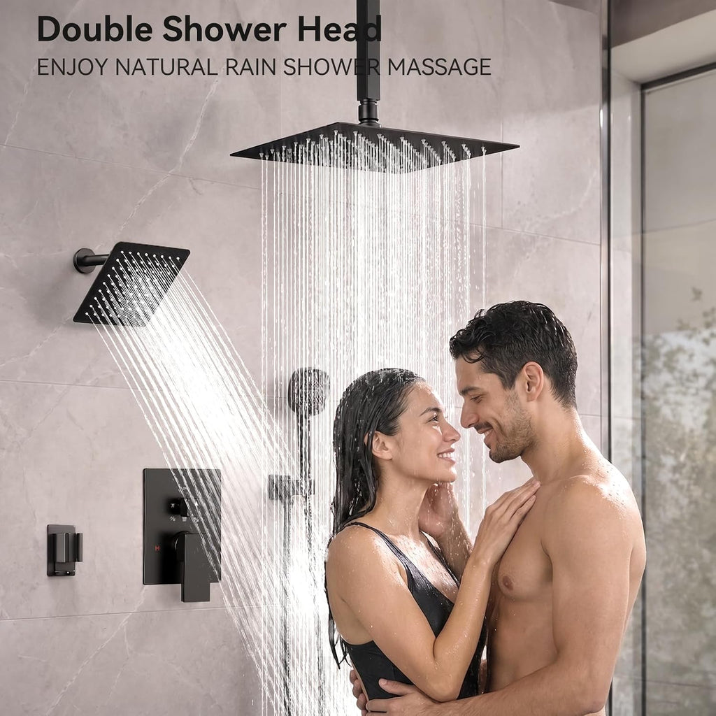 Matte Black Shower System Shower Faucet Sets, Dual Head Shower Set STARBATH 12'' Ceiling Mount and 6''Wall Mount Rainfall Shower Systems with Multifunctional Filtered Handheld Sprayer for Two Person