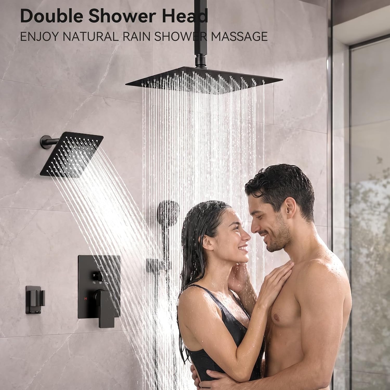 Matte Black Shower System Shower Faucet Sets, Dual Head Shower Set STARBATH 12'' Ceiling Mount and 6''Wall Mount Rainfall Shower Systems with Multifunctional Filtered Handheld Sprayer for Two Person
