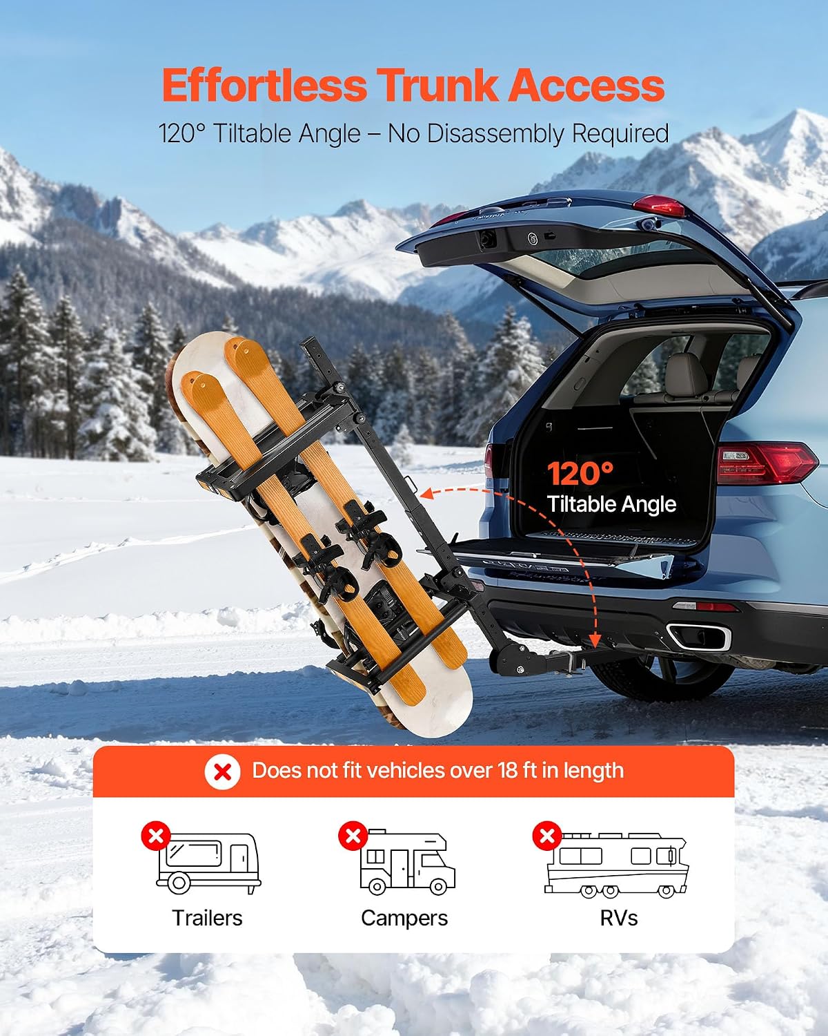 VEVOR Folding Hitch Mounted Ski & Snowboard Rack, Fits 2-Inch Receiver, Carries up to 6 Pairs of Skis or 4 Snowboards, Adjustable Hitch-Mounted Rack for Car with Key Lock, Security Strap, Tilt Access