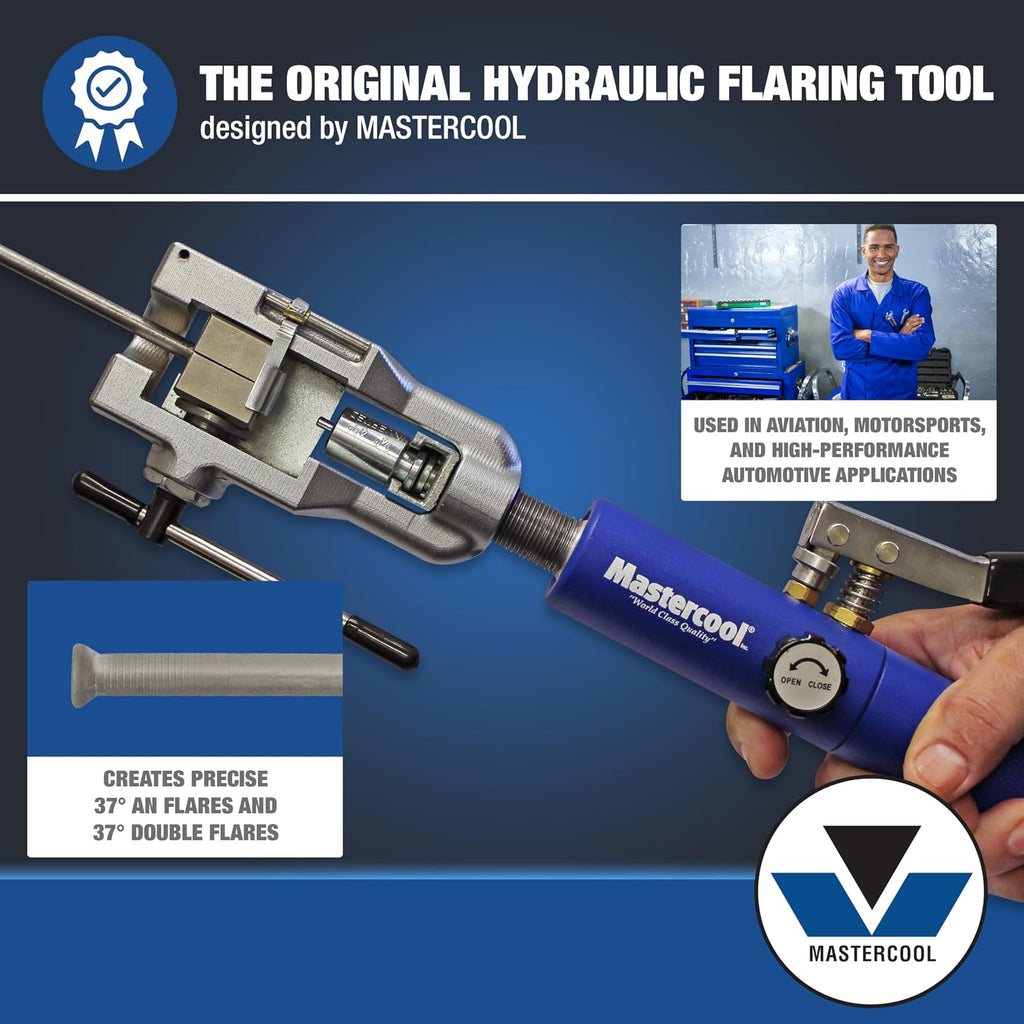 Mastercool 72480 Hydraulic an Flaring Tool Kit – 37° & 37° Double Flares for an Fittings, Aviation & Specialty Automotive – Works with Steel & Light Stainless Tubing – Includes Hydraulic Ram & Dies