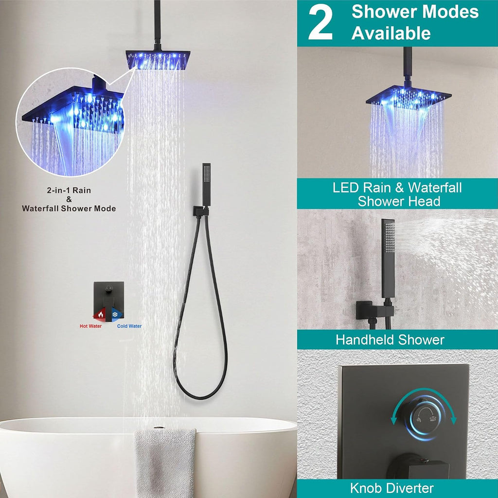 SKOWLL Ceiling Mount Shower System 10 Inch LED Rain Shower Head with Handheld, High Pressure Rainfall Bathroom Shower System Matte Black Shower Faucet Set with Rough in Valve