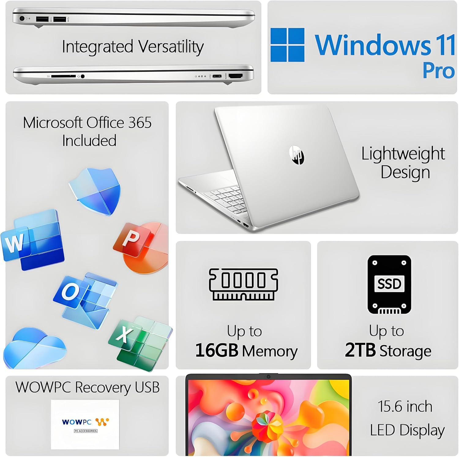 HP 15 inch Laptop for Home or Work, Intel 4-core Processor, 16GB RAM, 256GB SSD, 15.6' Micro Edge LED IPS Display, SD Card Reader, HDMI, Windows 11 Pro with Microsoft Office 365 Included, WOWPC USB