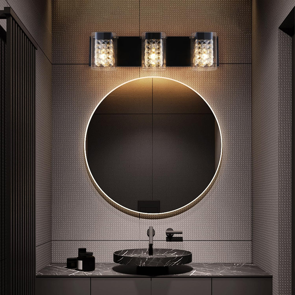 Modern Crystal Bathroom Light Fixtures, 3-Light Black Vanity Lights with Clear Shades, Bathroom Lighting Fixtures Over Mirror Wall Light for Living Room, Decoration,Bedroom（Exclude Bulb）
