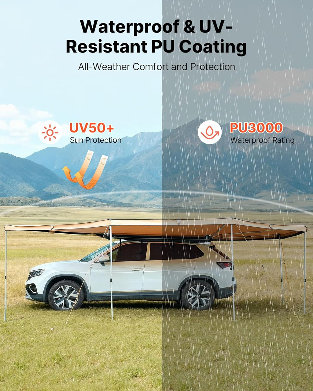 VEVOR 270 Degree Awning with Bulit-in LED Light 3 Colors, 117 sq.ft Driver Side Vehicle Awning, UV50+ Waterproof Car Side Awnings, All-Weather Overland Awnings Car Shelter for SUV Truck Camping