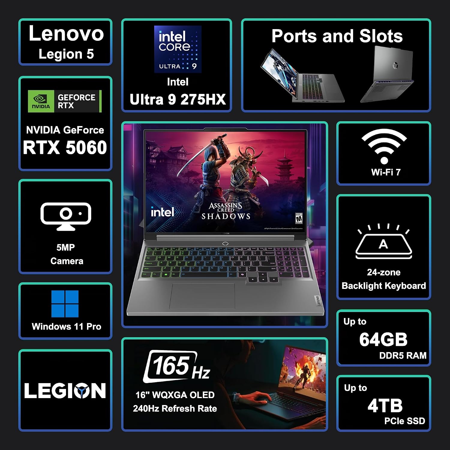 Lenovo Legion 5 Gaming AI Laptop 16' WQXGA 2560x1600 240Hz (100% DCI-P3, 500nits) Intel 24-core Ultra 9 275HX 32GB RAM 1TB SSD GeForce RTX 5060 (Up to 572 AI Tops) RGB Backlit Harman Win11Pro ICP Hub