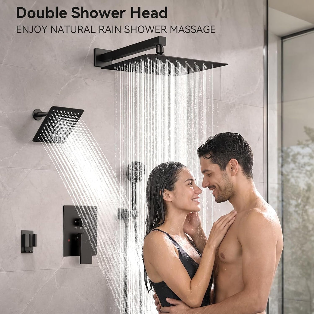 Shower System Matte Black Shower Faucet Sets, Dual Head Shower Set STARBATH 12'' +6'' Wall Mount Rainfall Shower Systems with Multifunctional Filtered Handheld Sprayer for Two Person