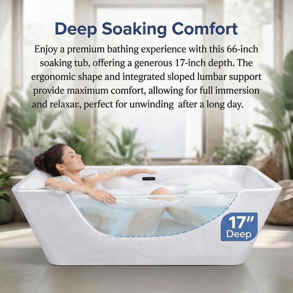 66' Acrylic Freestanding Soaking Bathtub, Matte Drain & Black Overflow, Modern Design Tub for Home Bathroom Renovations, Glossy White
