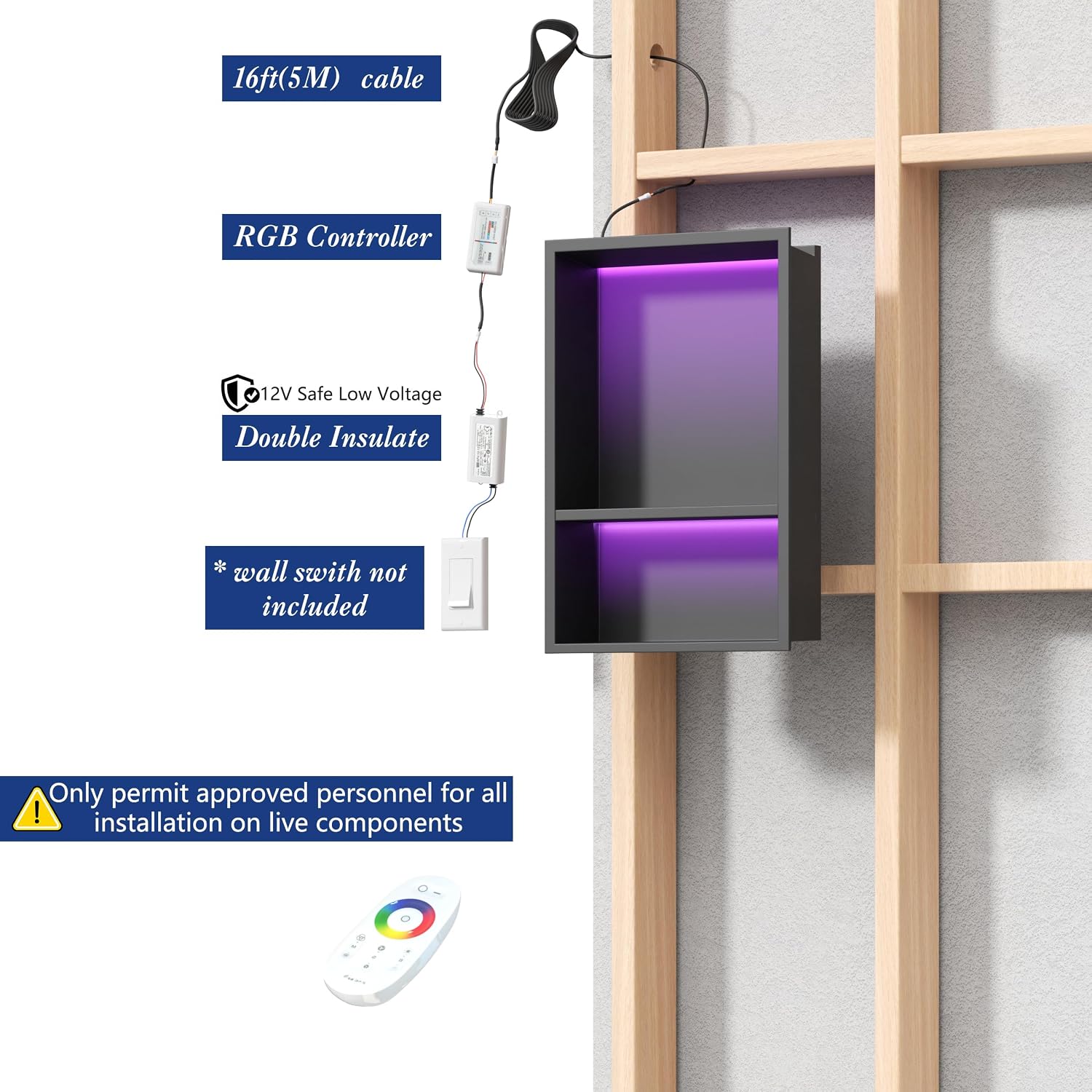 2-Tiers 12x18Inch Wall Niche with RGB LED Light Strips, Matte Black Shower Niche Cabinet, Stainless Steel Bathroom Shelf, NO Tile Needed Recessed Storage Organizer