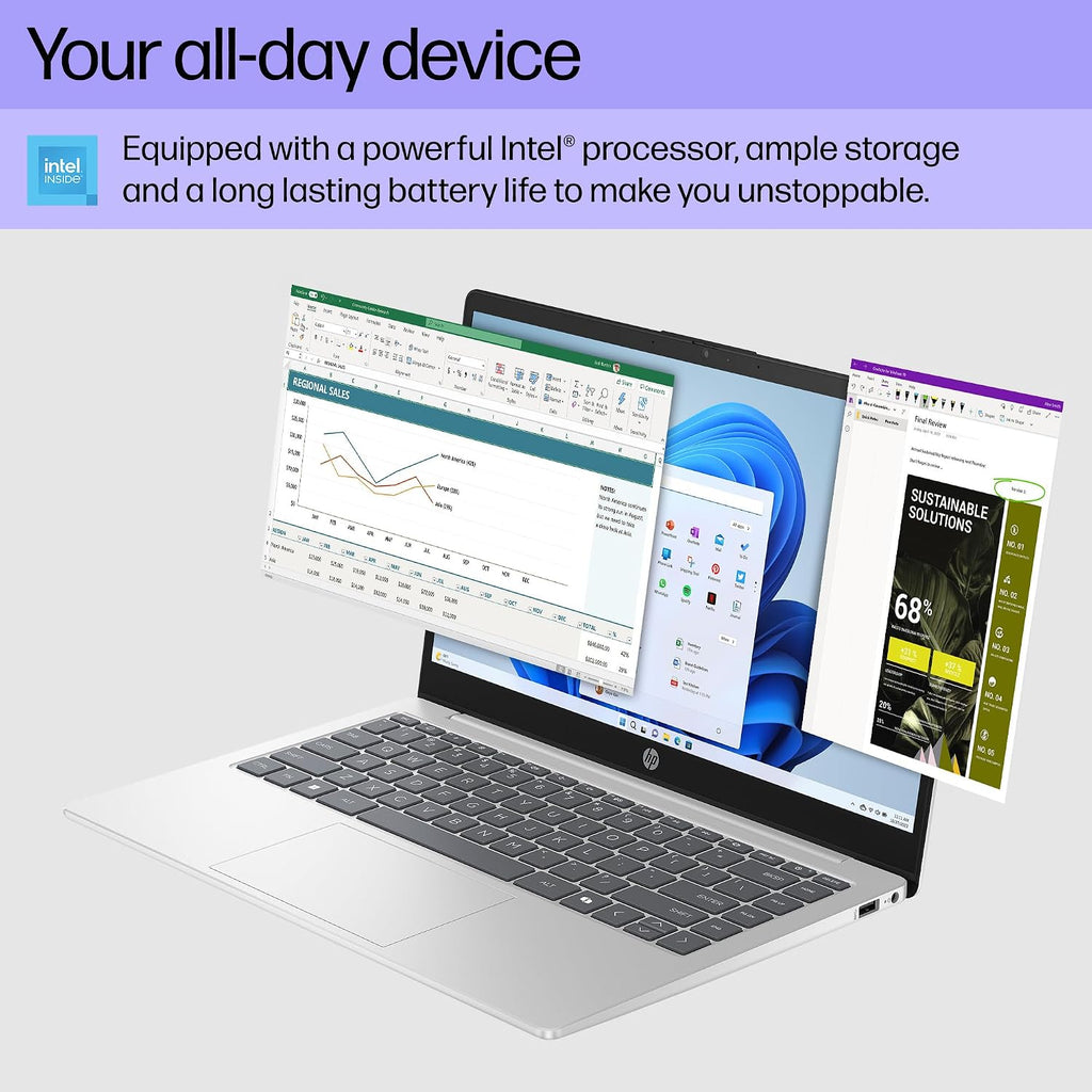 HP 14 inch Laptop, HD Display, Intel Processor N200, 4 GB RAM, 128 GB UFS, Intel UHD Graphics, Windows 11 Home in S Mode, Natural Silver, 14-ep0500nr