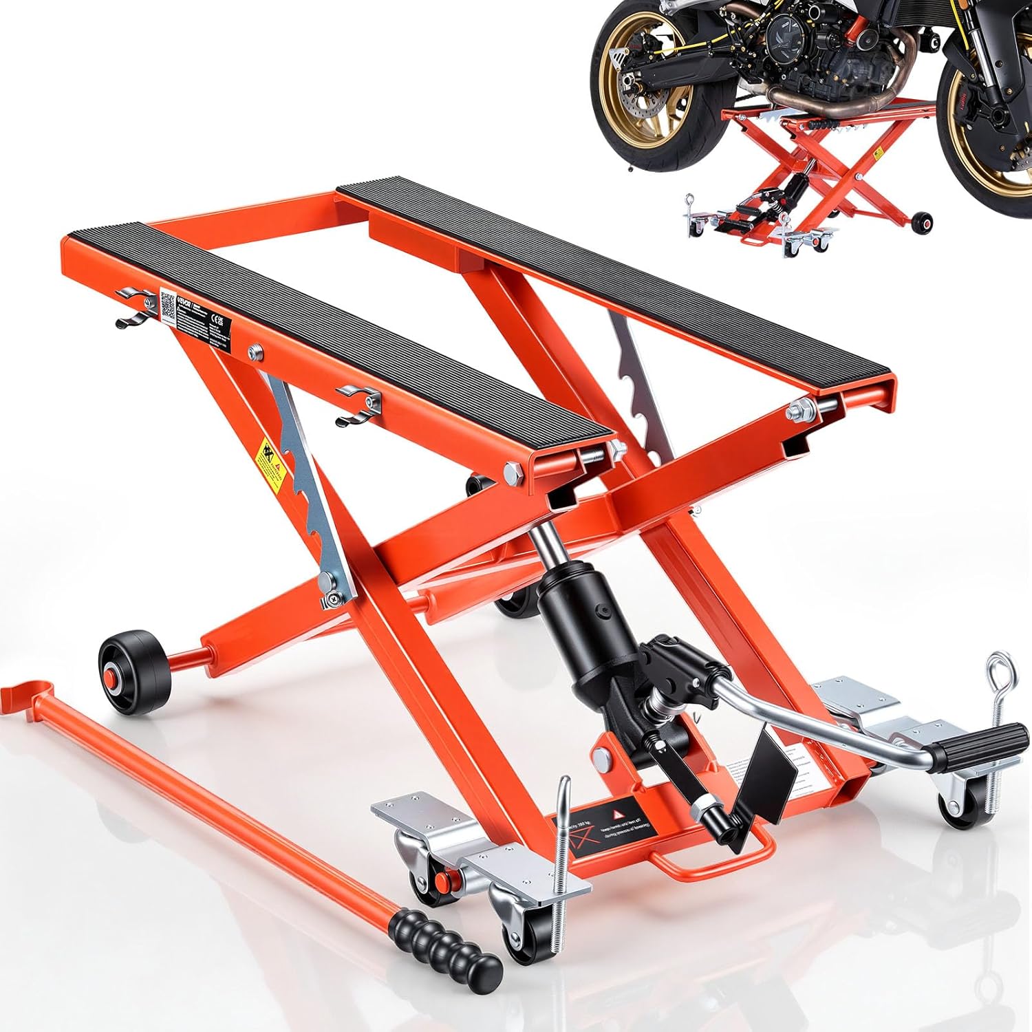 VEVOR Hydraulic Motorcycle Lift Jack, 1100 lbs Capacity, Scissor Lift Jack Portable Motorcycle Hoist Stand with 6 Wheels, 4.72'-15.15' Height Range, Hydraulic Foot-Operated Hoist Stand for Dirt Bikes